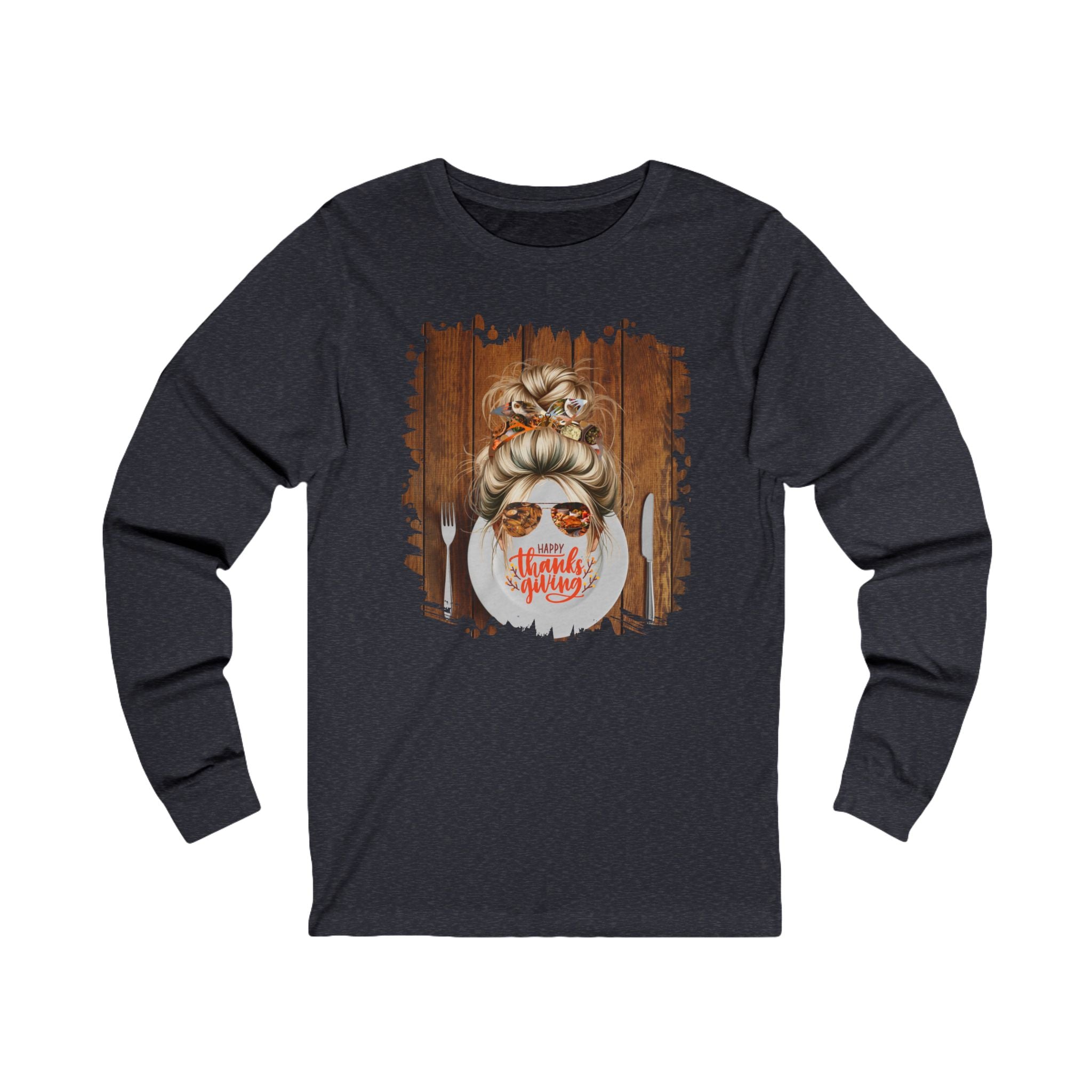 Happy Thanksgiving Plate Setting, Blond Hair Messy Bun, Unisex Jersey Long Sleeve Tee