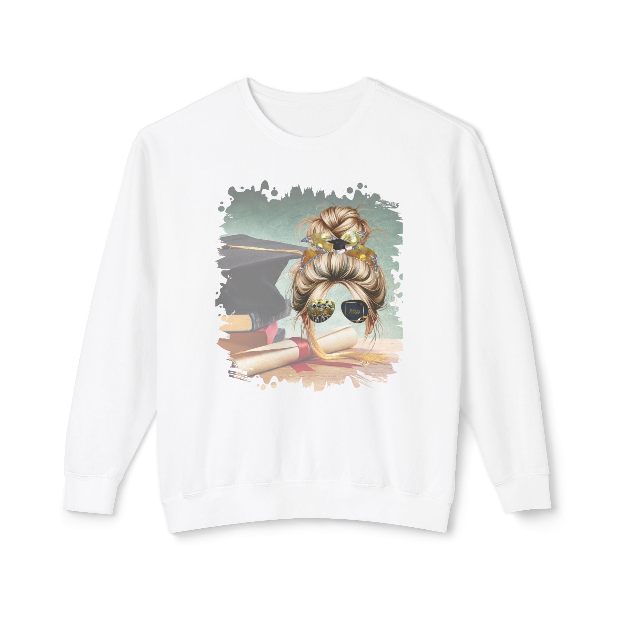 Cap & Degree/Diploma, Blond Hair Messy Bun, Unisex Lightweight Crewneck Sweatshirt