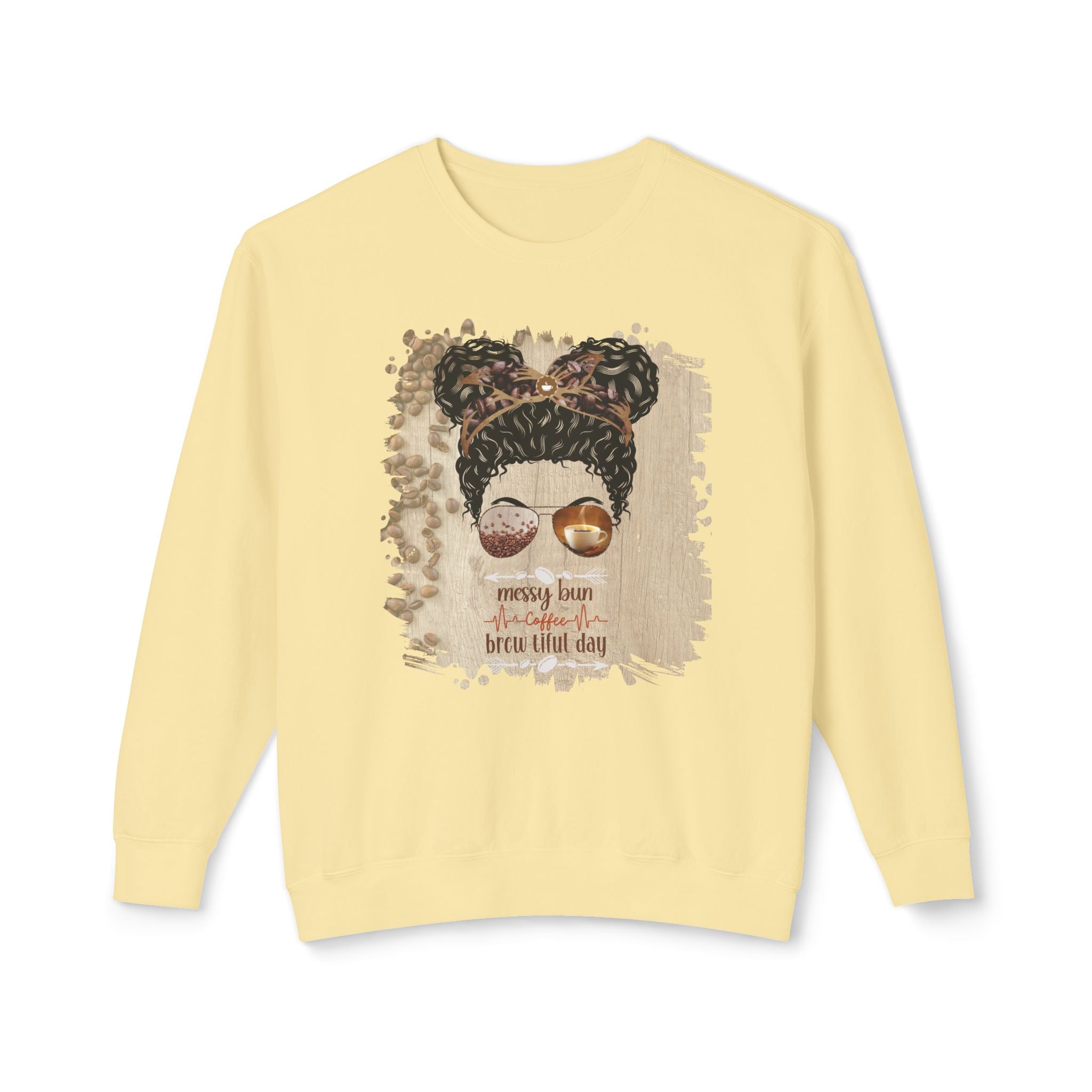 Coffee Heartbeat, Coffee Beans Table, Black Hair Messy Bun, Unisex Lightweight Crewneck Sweatshirt