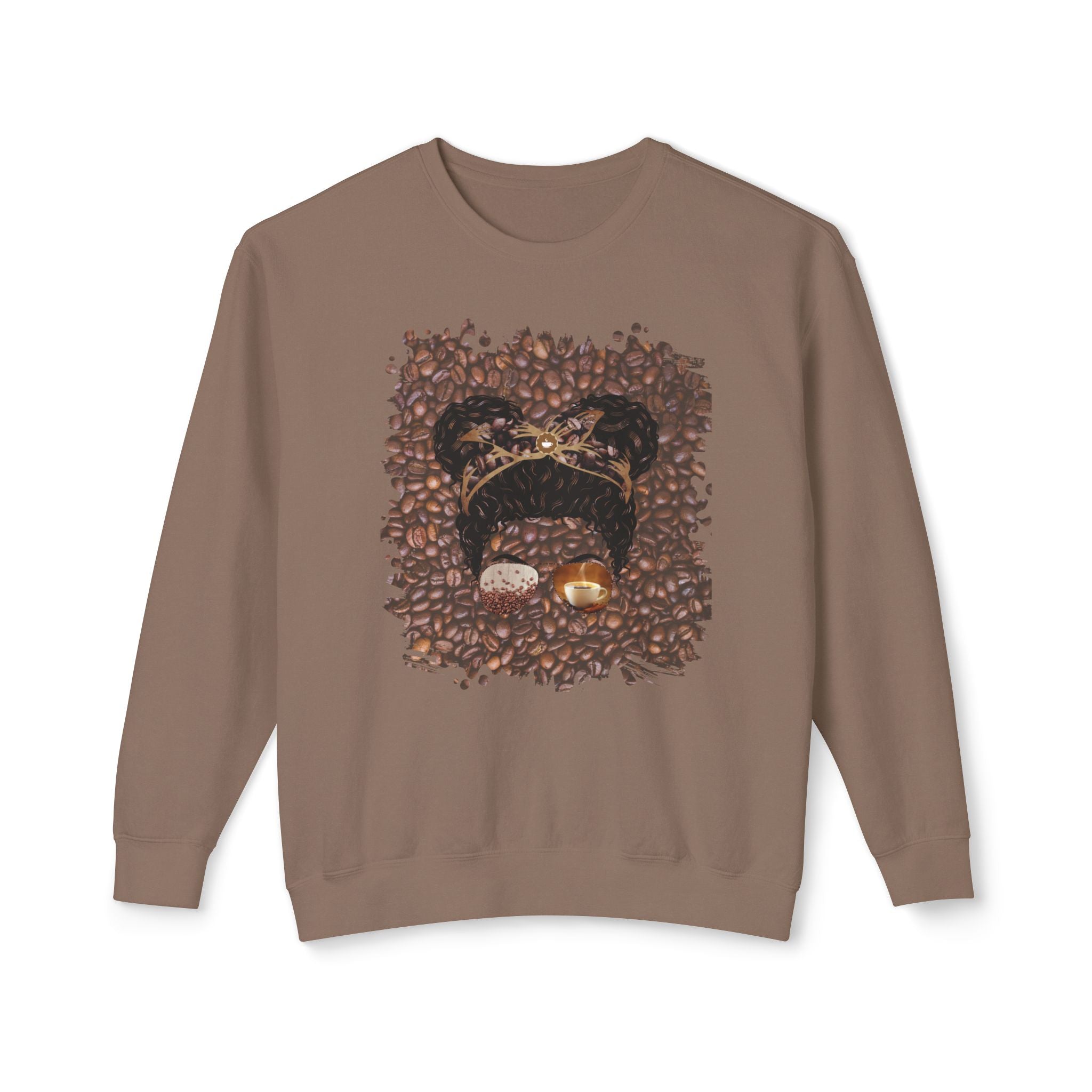Coffee Beans, Black Hair Messy Bun, Unisex Lightweight Crewneck Sweatshirt