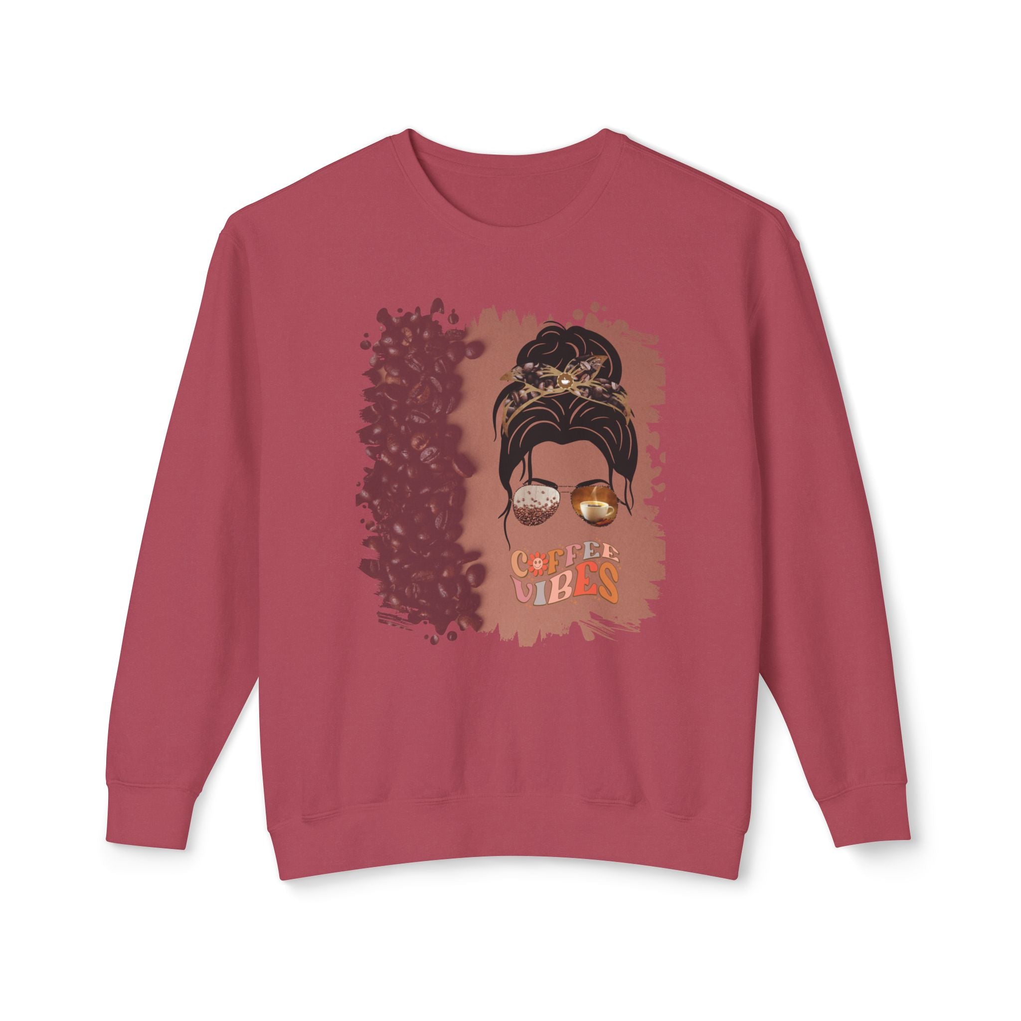 Coffee Vibes, Coffee Beans Shade, Dark Hair Messy Bun, Unisex Lightweight Crewneck Sweatshirt