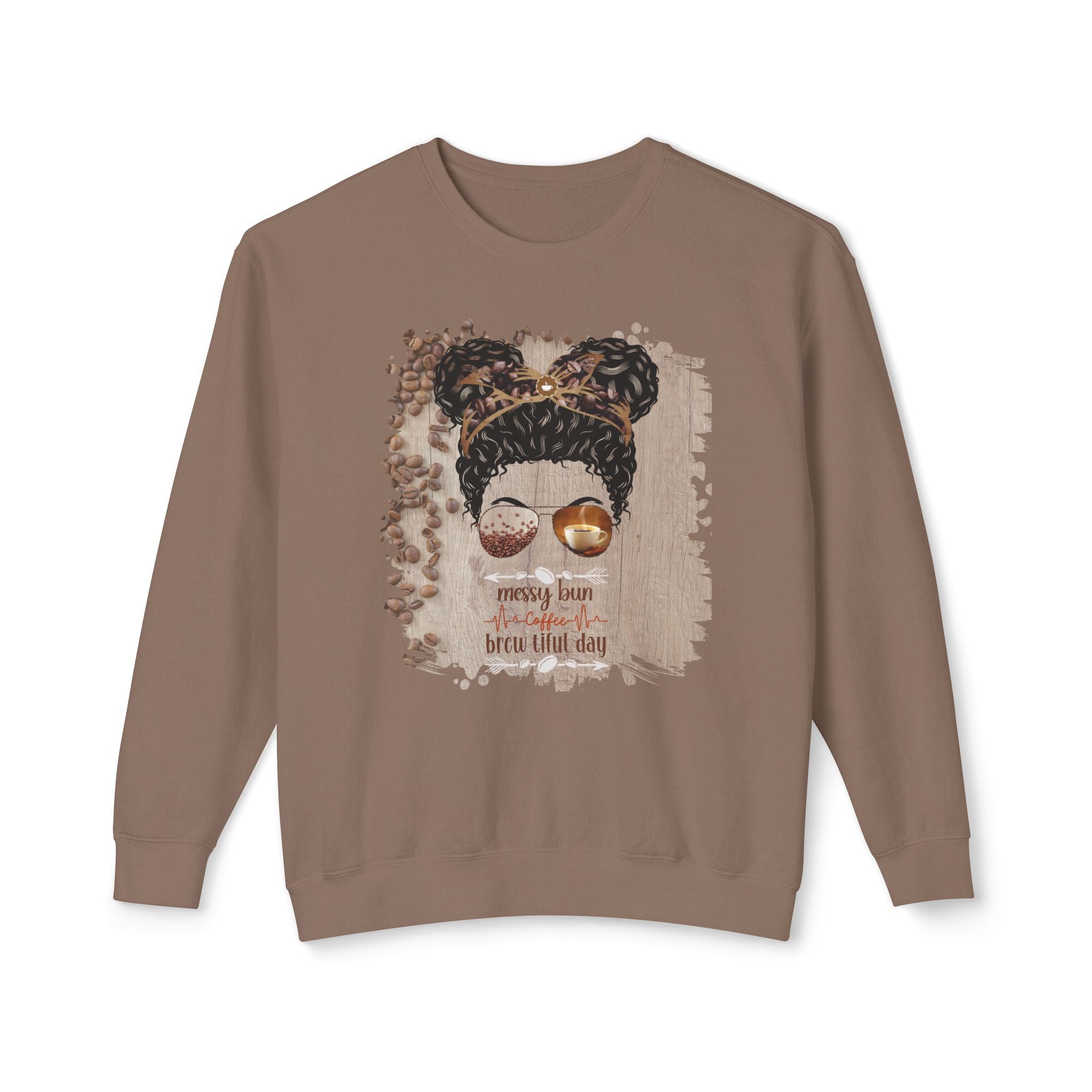 Coffee Heartbeat, Coffee Beans Table, Black Hair Messy Bun, Unisex Lightweight Crewneck Sweatshirt