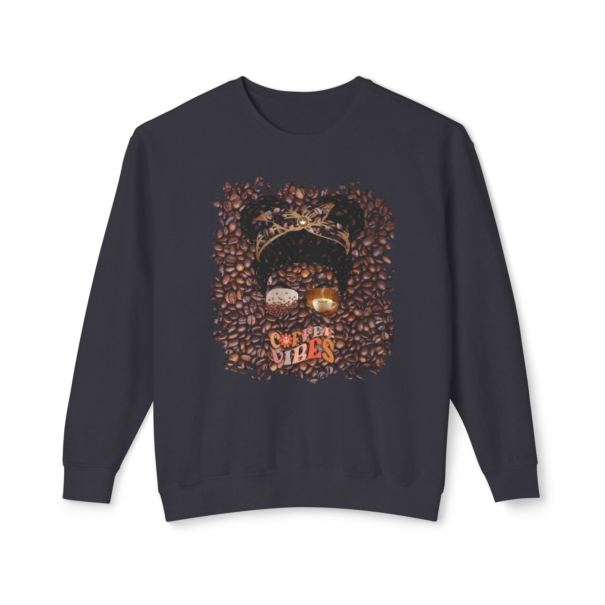 Coffee Vibes, Coffee Beans, Black Hair Messy Bun, Unisex Lightweight Crewneck Sweatshirt