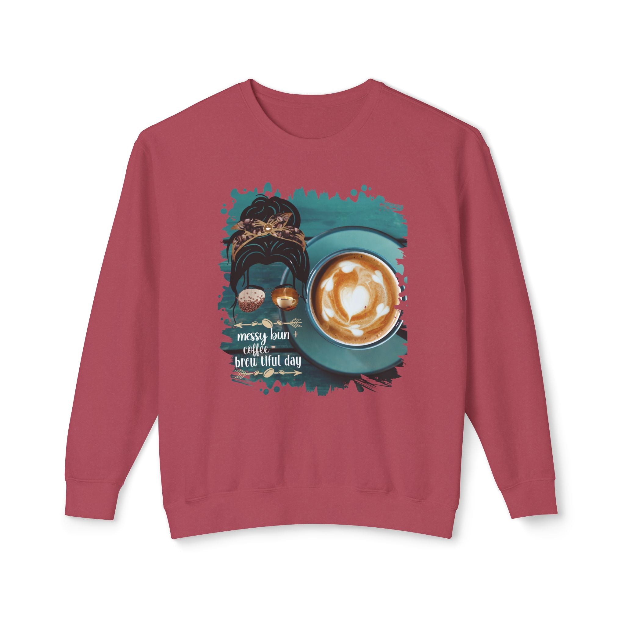 Messy Bun plus Coffee, Coffee Cup, Dark Hair Messy Bun, Unisex Lightweight Crewneck Sweatshirt