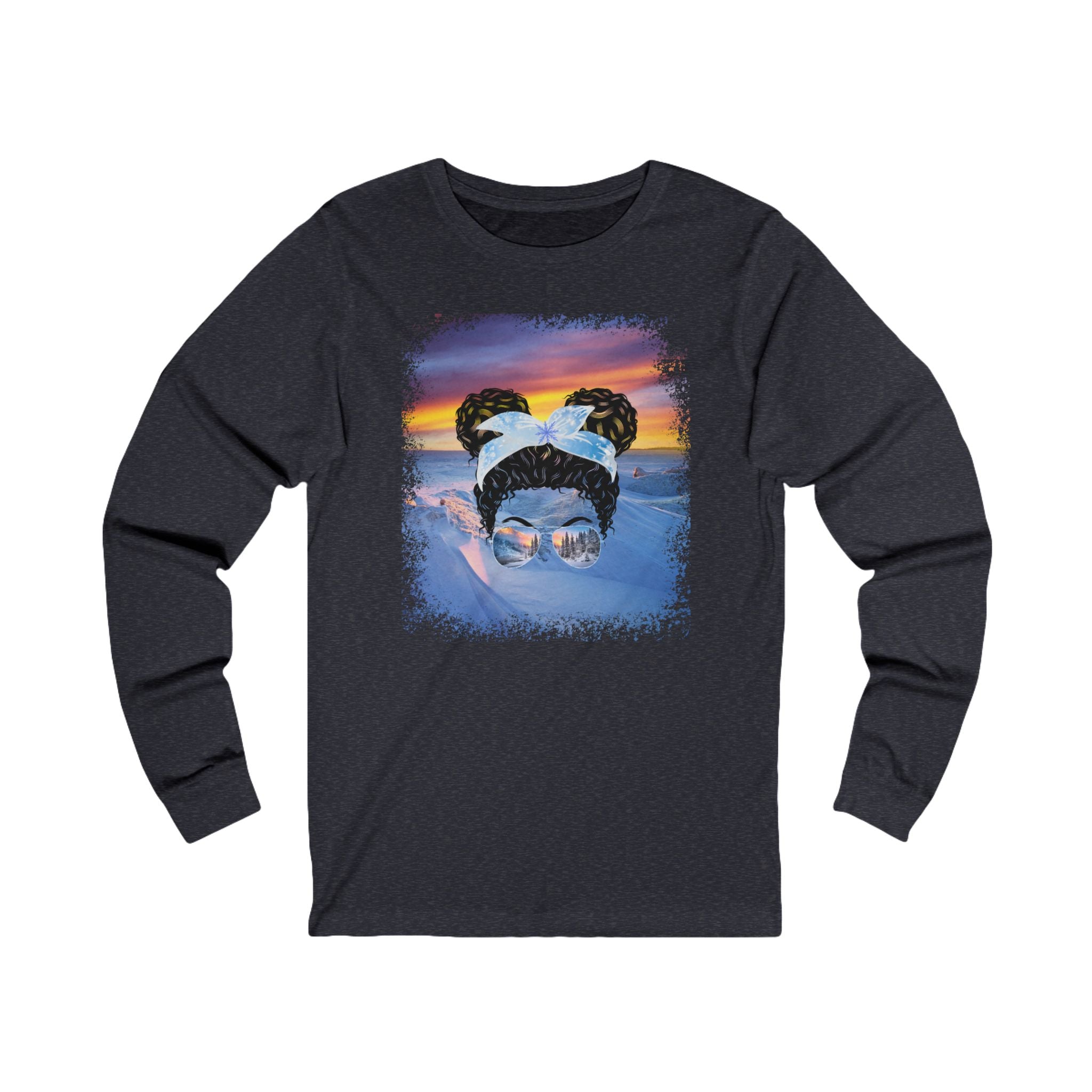 Winter Mountain, Black Hair Messy Bun, Unisex Jersey Long Sleeve Tee