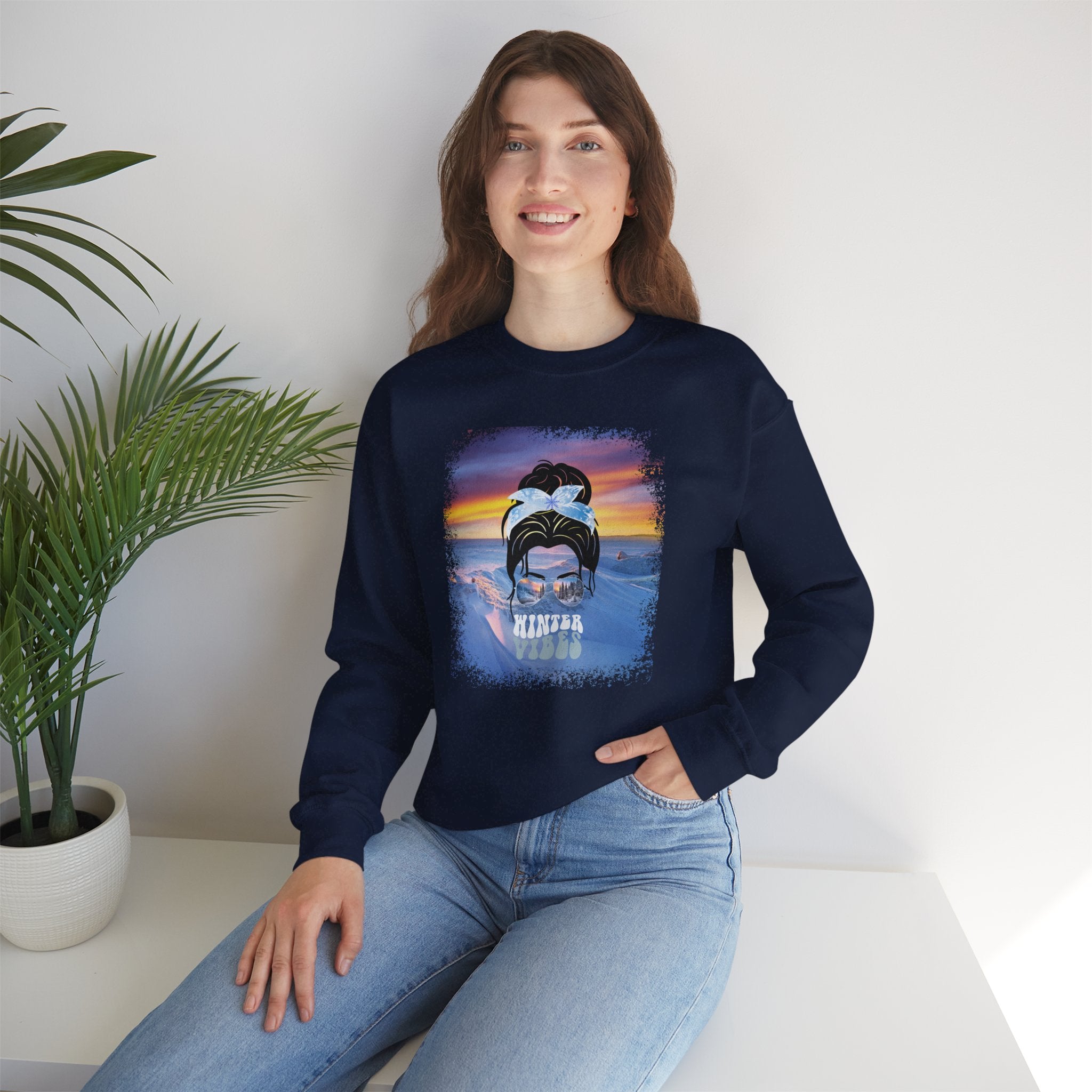 Winter Vibes Winter Mountain, Dark Hair Messy Bun, Unisex Heavy Blend™ Crewneck Sweatshirt