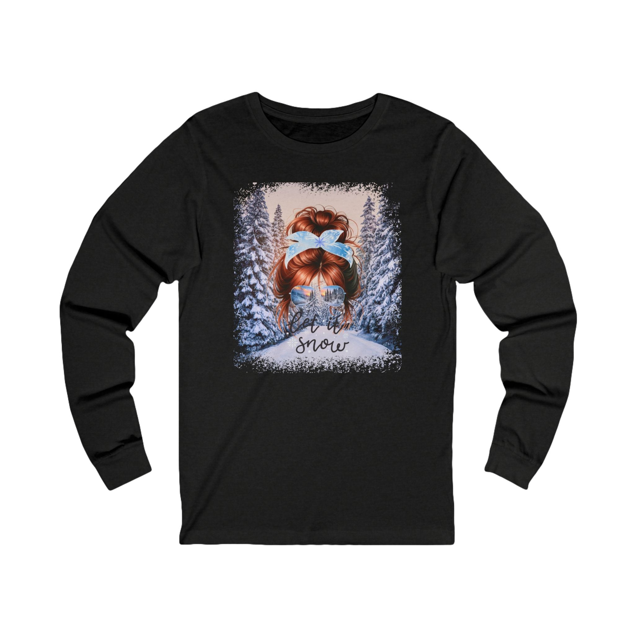 Let it Snow Winter Trail, Red Hair Messy Bun, Unisex Jersey Long Sleeve Tee