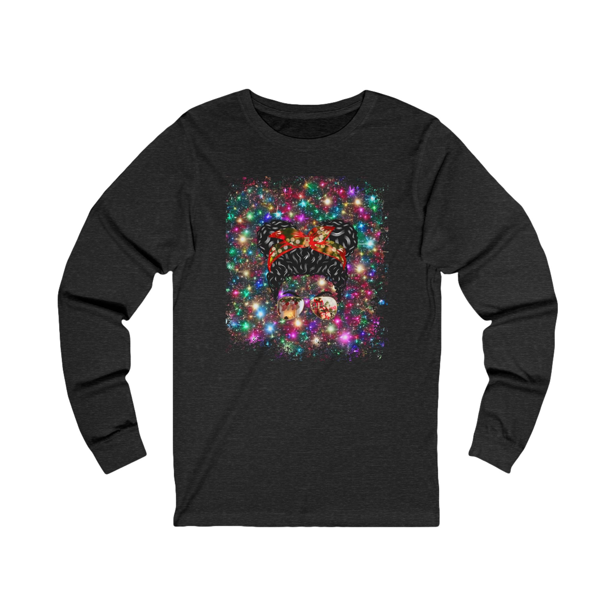 Christmas Lights, Black Hair Messy Bun, Unisex Jersey Long Sleeve Tee