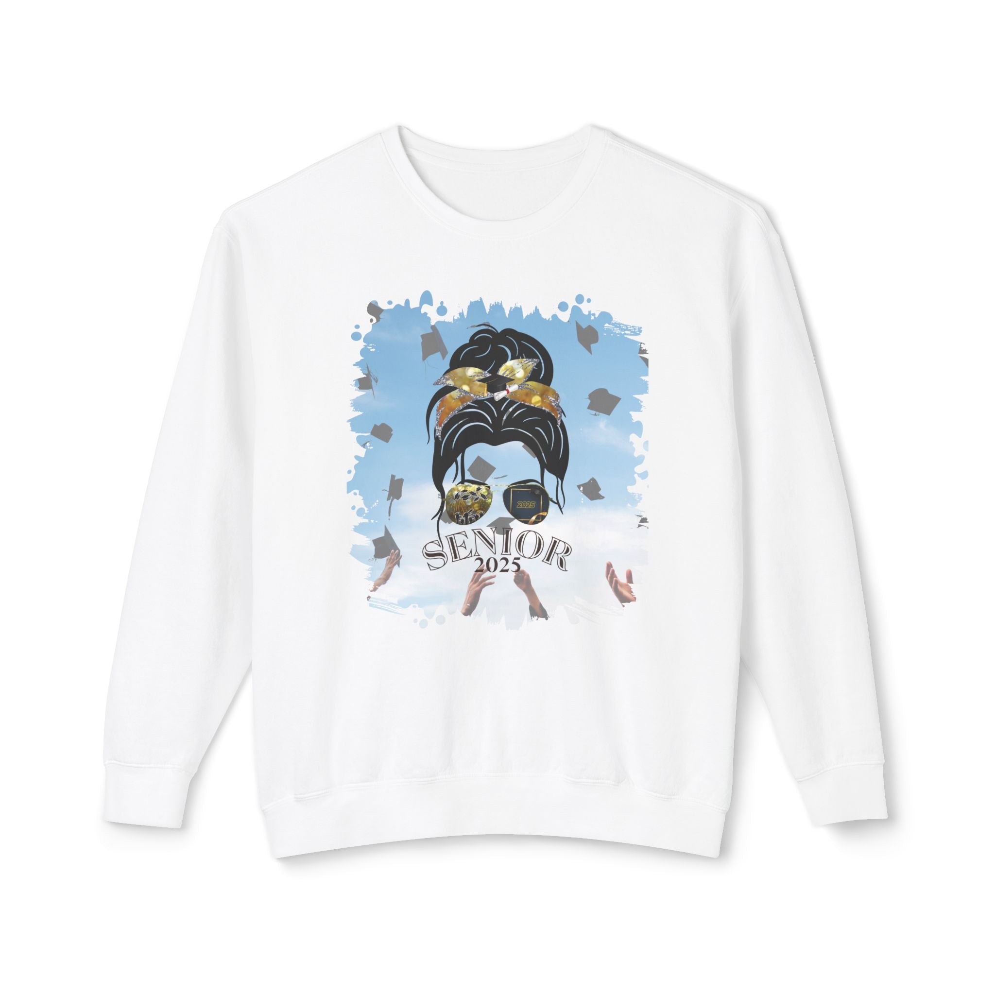 Senior 2025, Celebration, Dark Hair Messy Bun, Unisex Lightweight Crewneck Sweatshirt