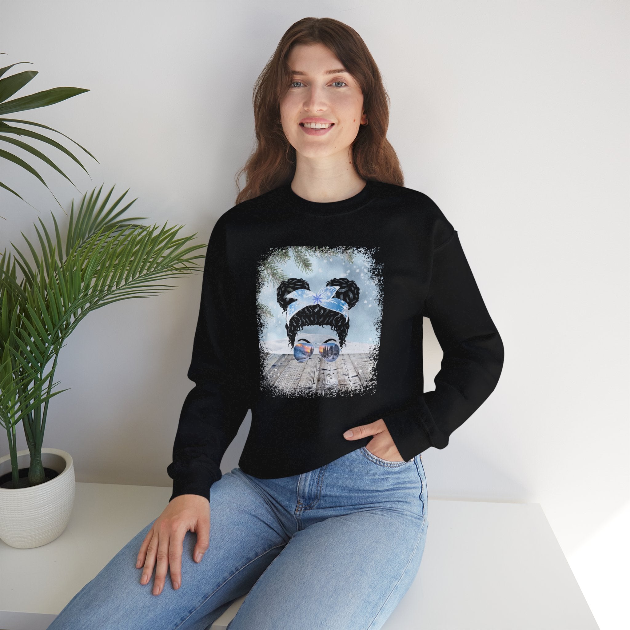 Snowy Porch, Black Hair Messy Bun, Unisex Heavy Blend™ Crewneck Sweatshirt