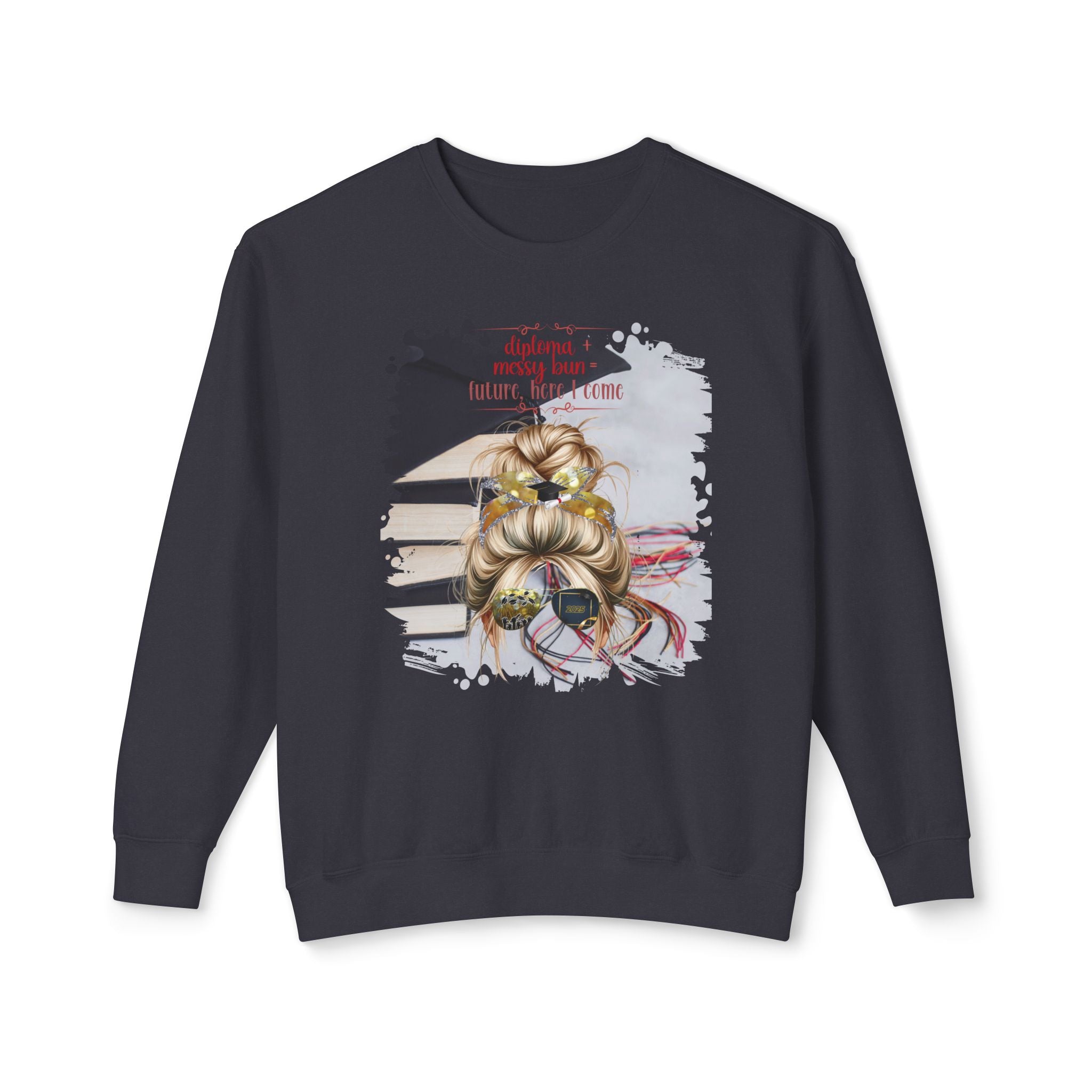 Diploma + Messy Bun, Cap & Books, Blond Hair Messy Bun, Unisex Lightweight Crewneck Sweatshirt