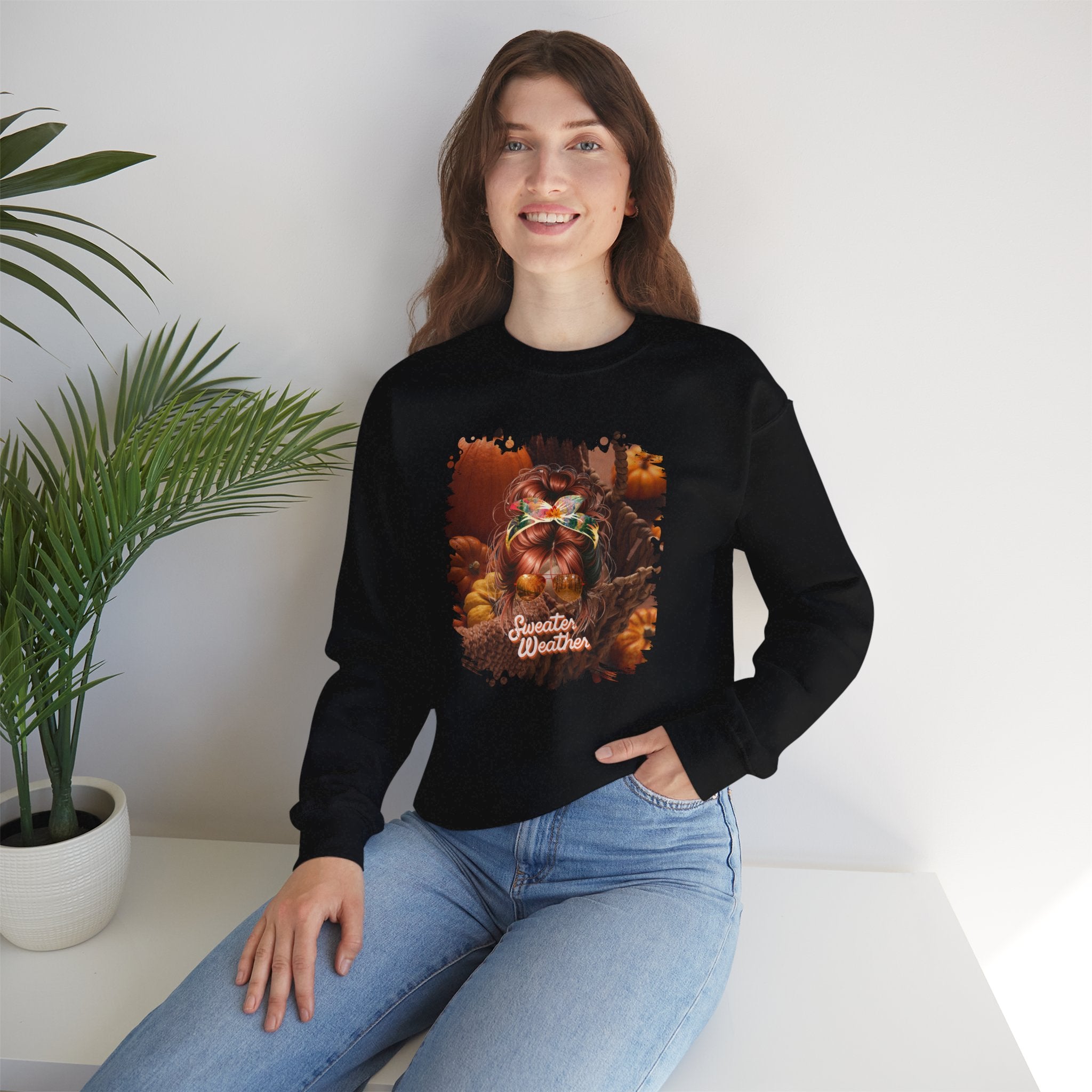 Sweater Weather Fall Pumpkins, Red Hair Messy Bun, Unisex Heavy Blend™ Crewneck Sweatshirt