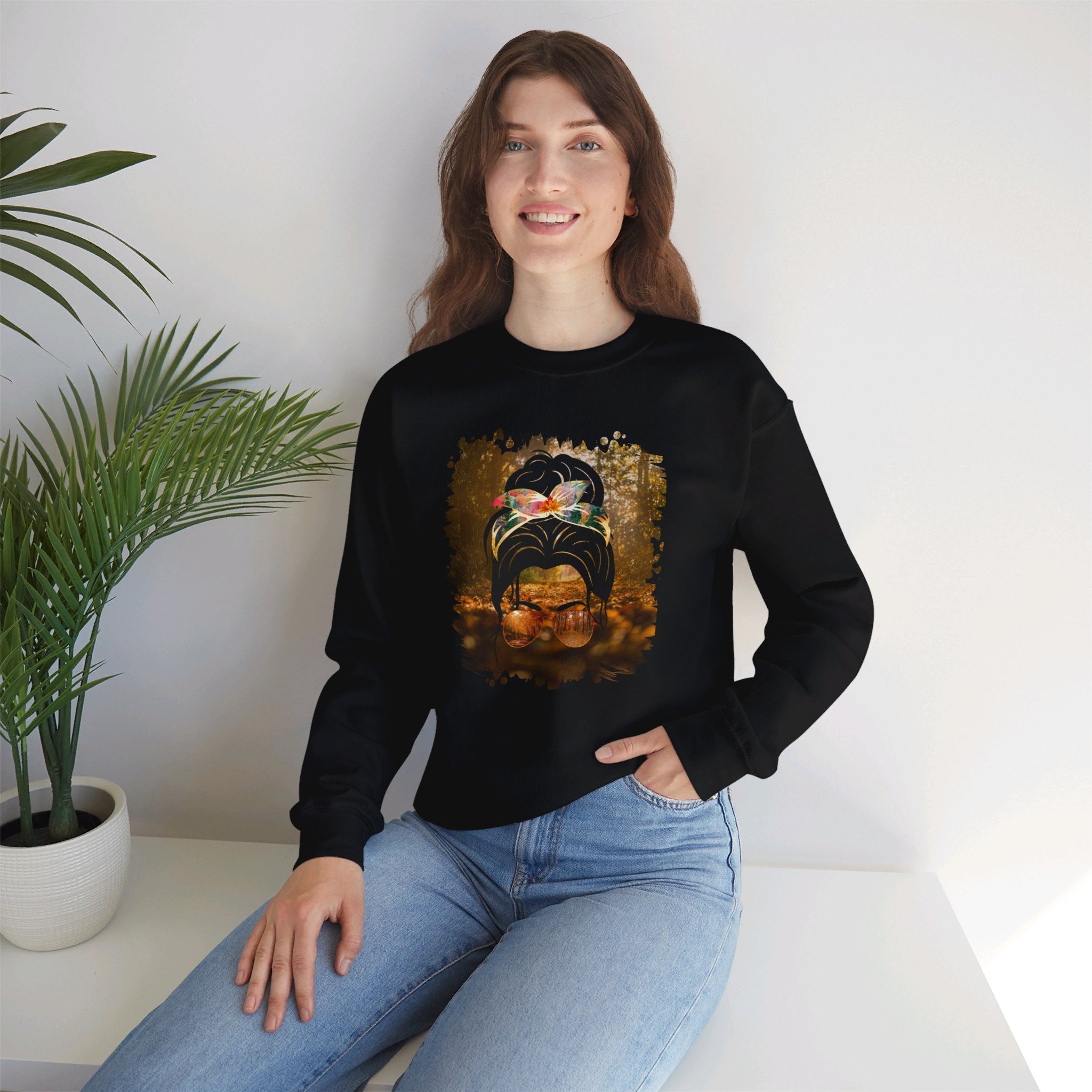 Fall Forest, Dark Hair Messy Bun, Unisex Heavy Blend™ Crewneck Sweatshirt