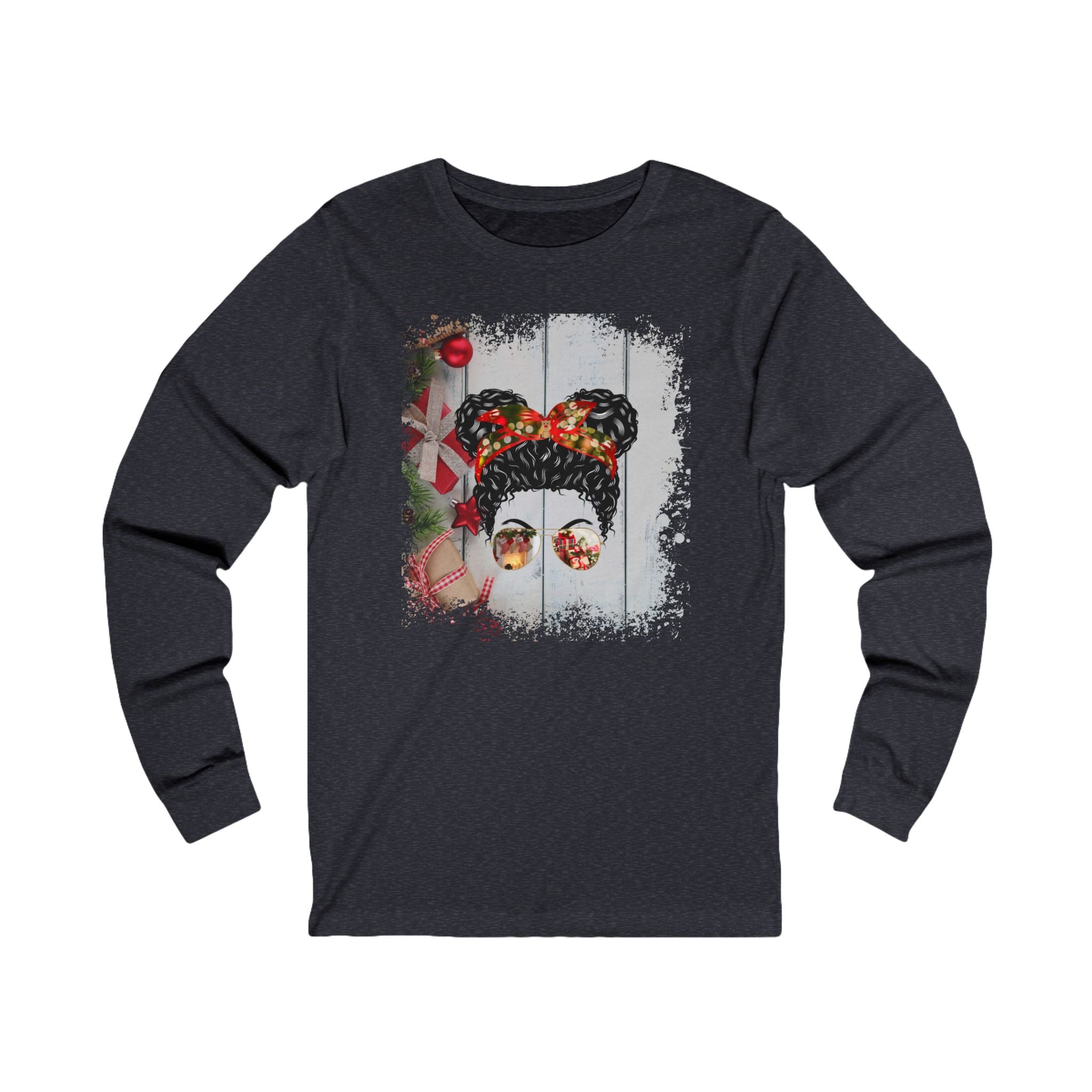 Christmas Presents, Black Hair Messy Bun, Unisex Jersey Long Sleeve Tee