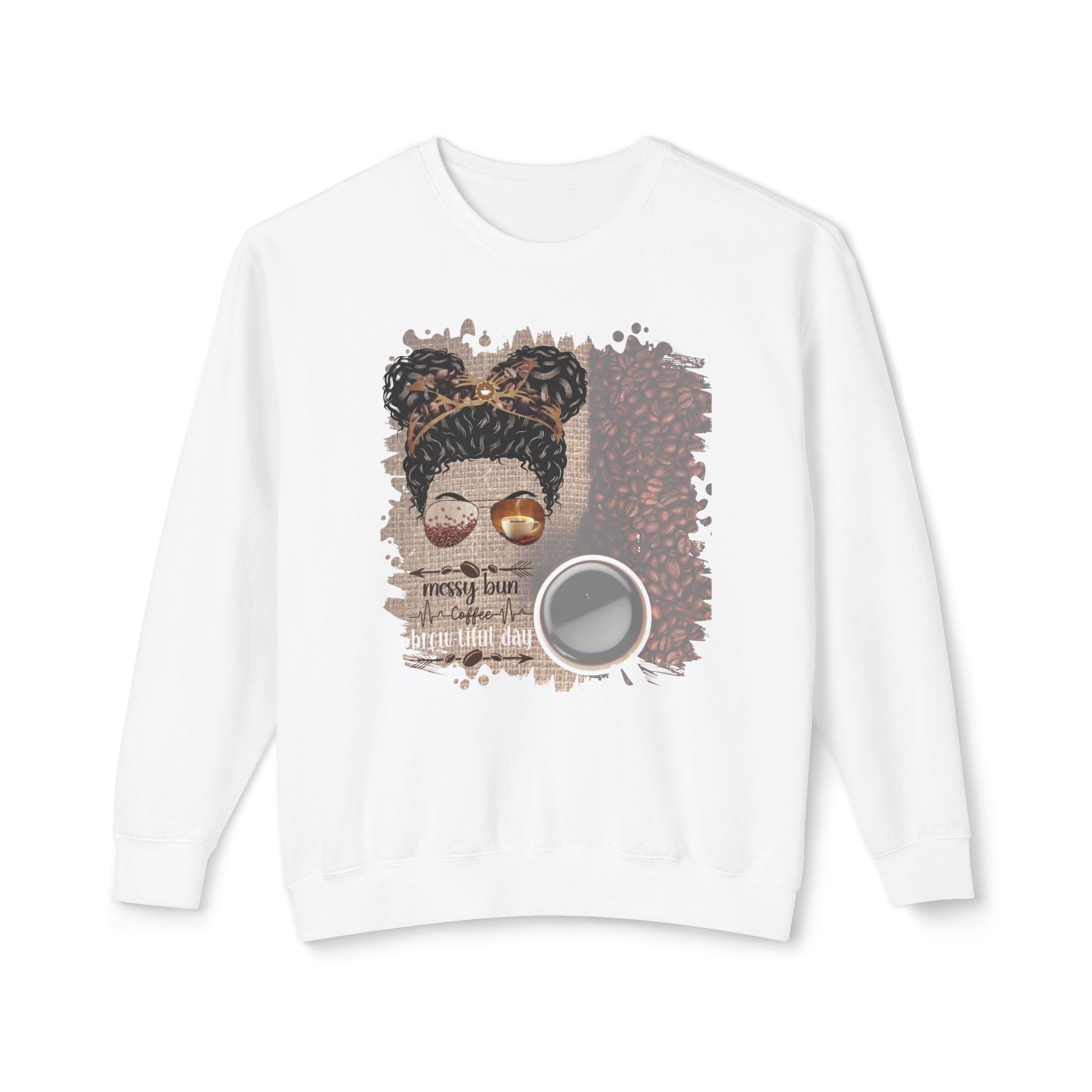 Coffee Heartbeat, Coffee Beans Bag, Black Hair Messy Bun, Unisex Lightweight Crewneck Sweatshirt
