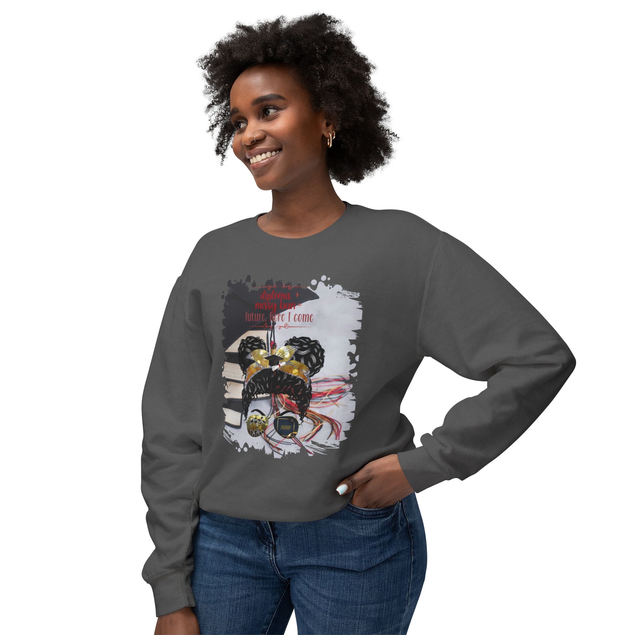 Diploma + Messy Bun, Cap & Books, Black Hair Messy Bun, Unisex Lightweight Crewneck Sweatshirt