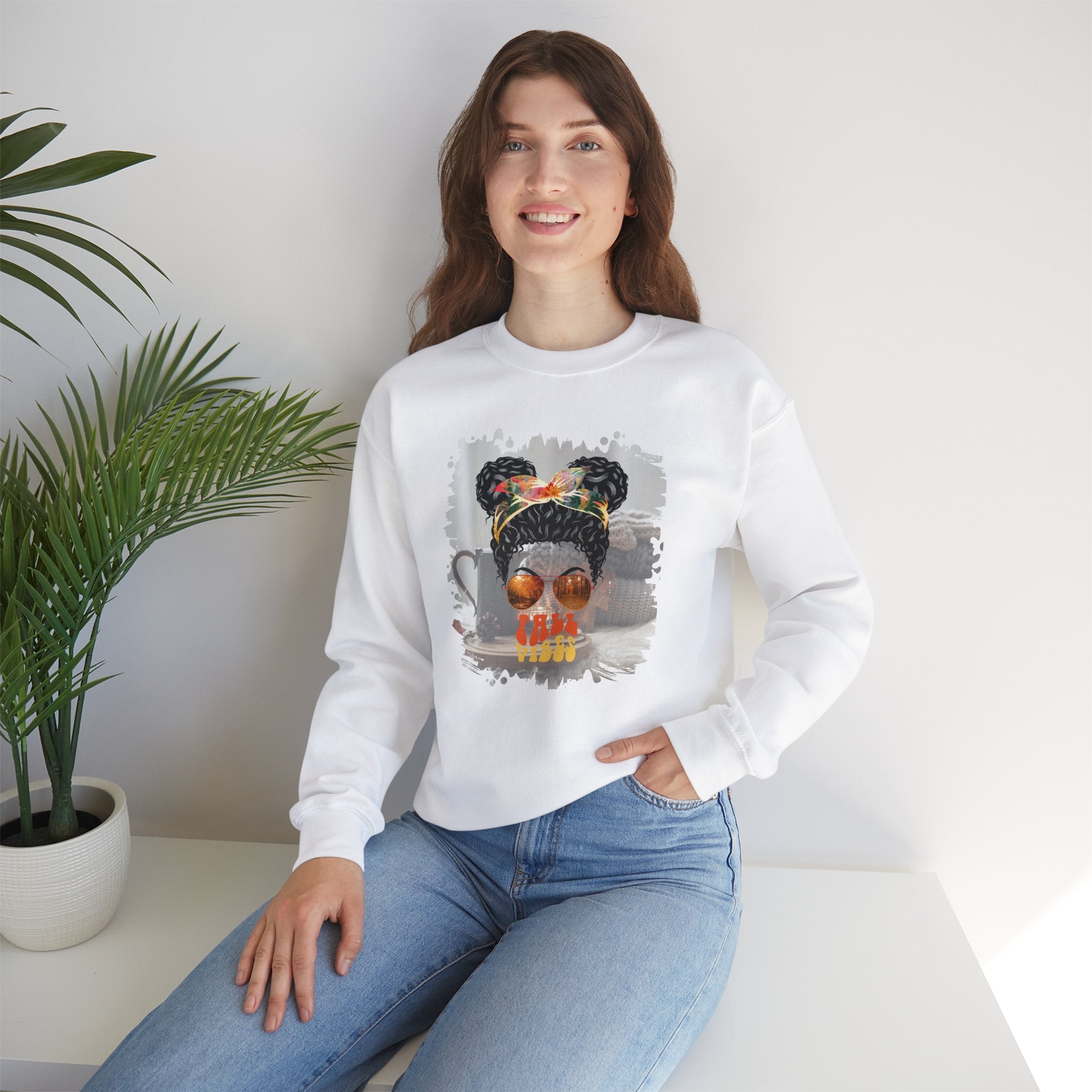 Fall Vibes Fall Sweater, Black Hair Messy Bun, Unisex Heavy Blend™ Crewneck Sweatshirt