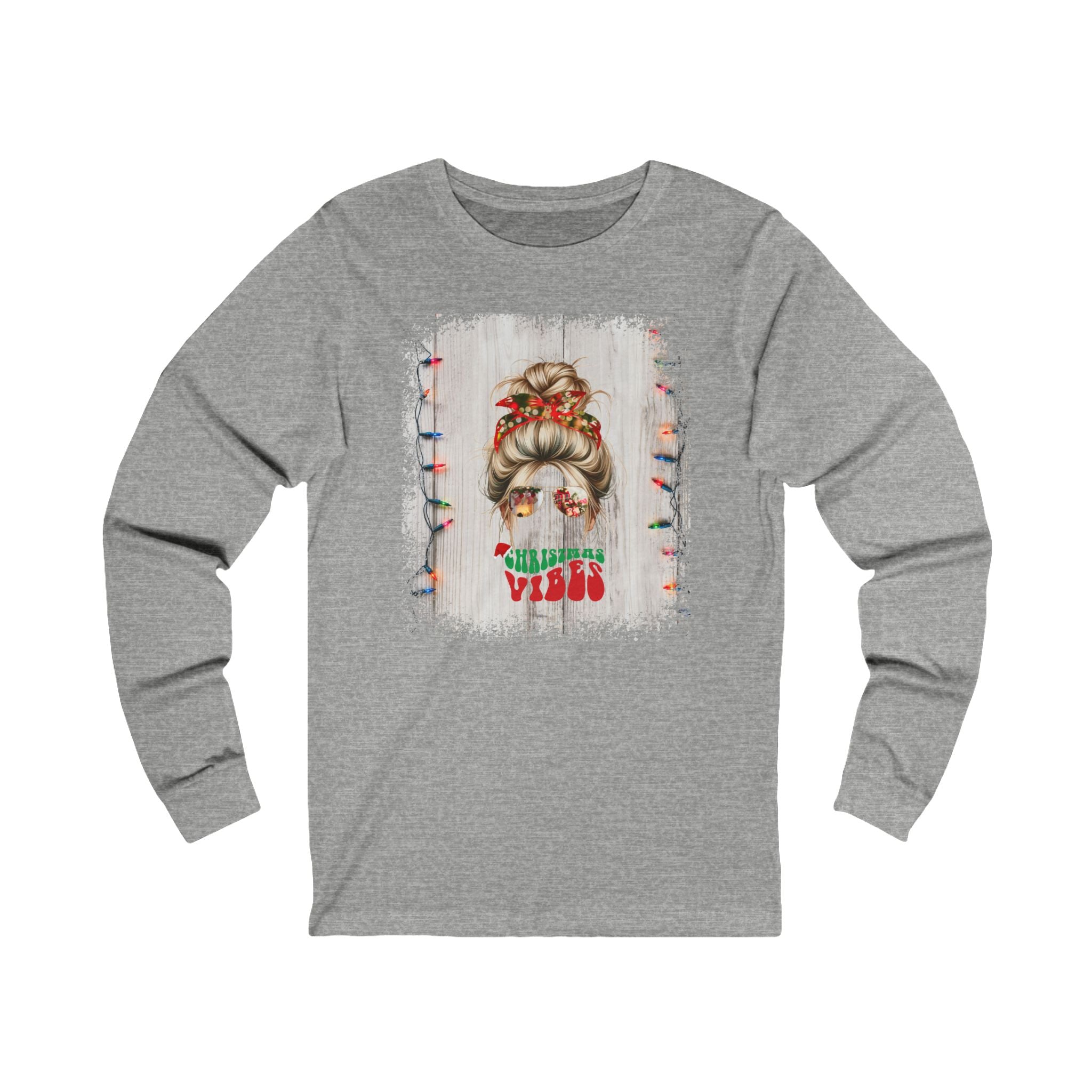 Christmas Vibes Christmas Lights String, Blond Hair Messy Bun, Unisex Jersey Long Sleeve Tee