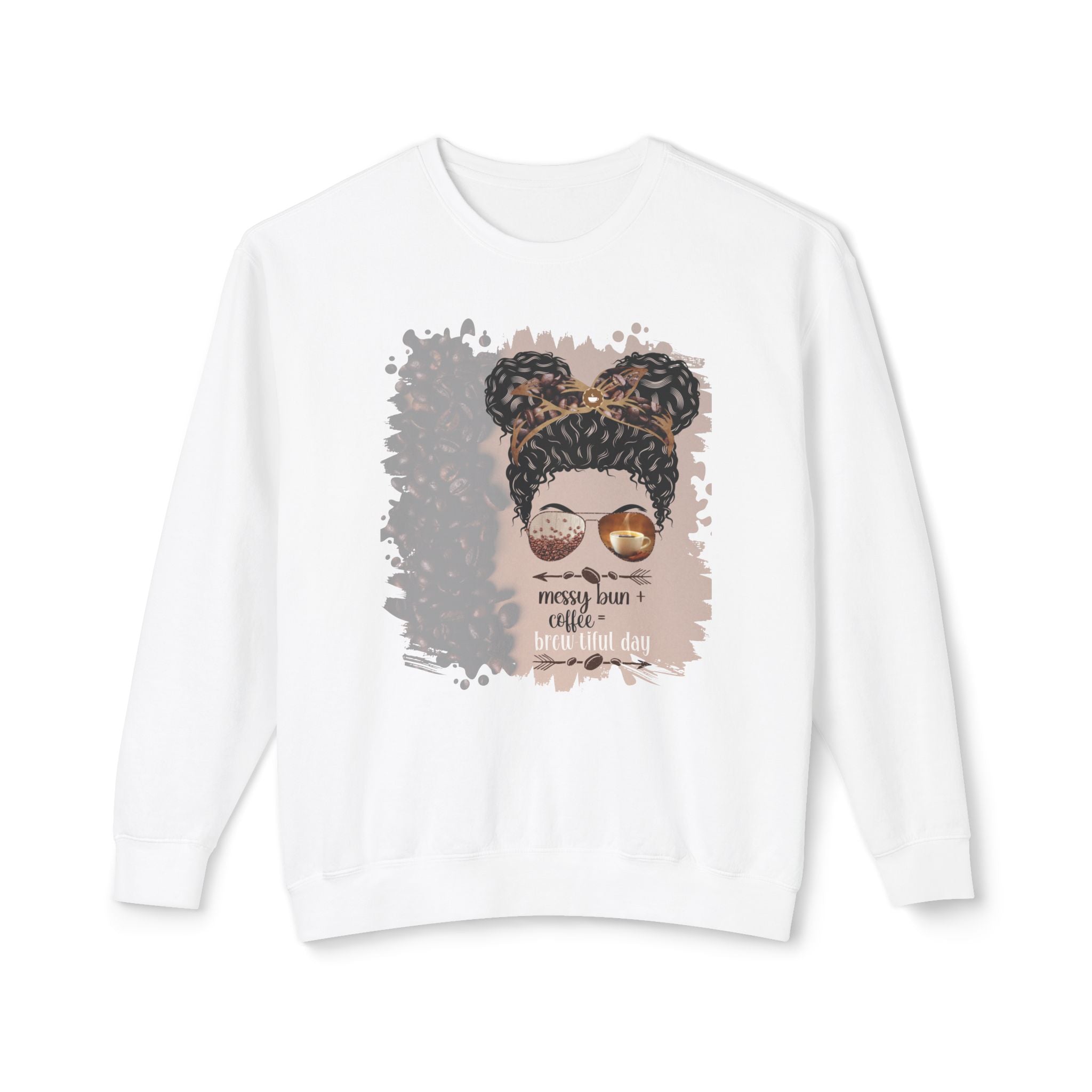 Messy Bun plus Coffee, Coffee Beans Shade, Black Hair Messy Bun, Unisex Lightweight Crewneck Sweatshirt