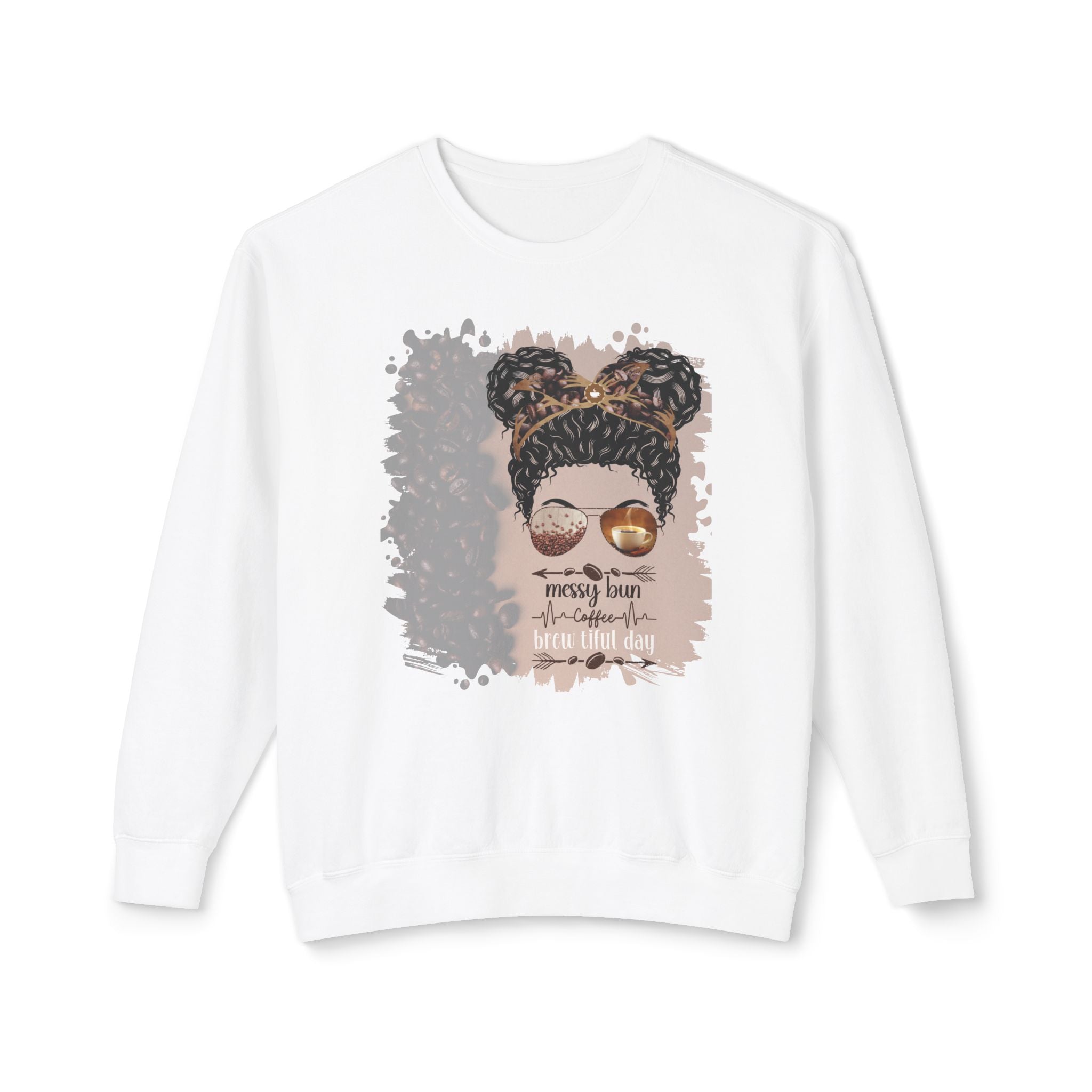 Messy Bun Coffee Heartbeat, Coffee Beans Shade, Black Hair Messy Bun, Unisex Lightweight Crewneck Sweatshirt