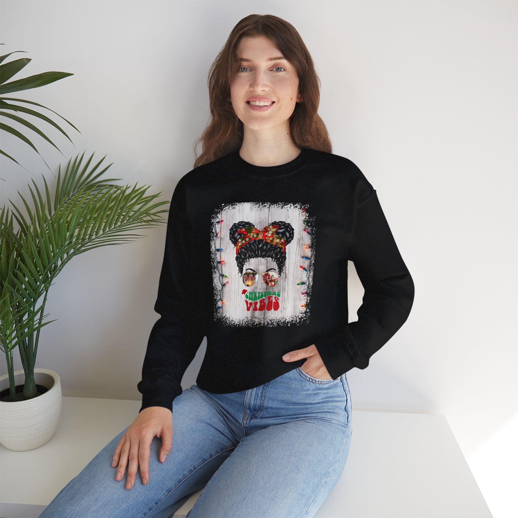 Christmas Vibes Christmas String Lights, Black Hair Messy Bun, Unisex Heavy Blend™ Crewneck Sweatshirt