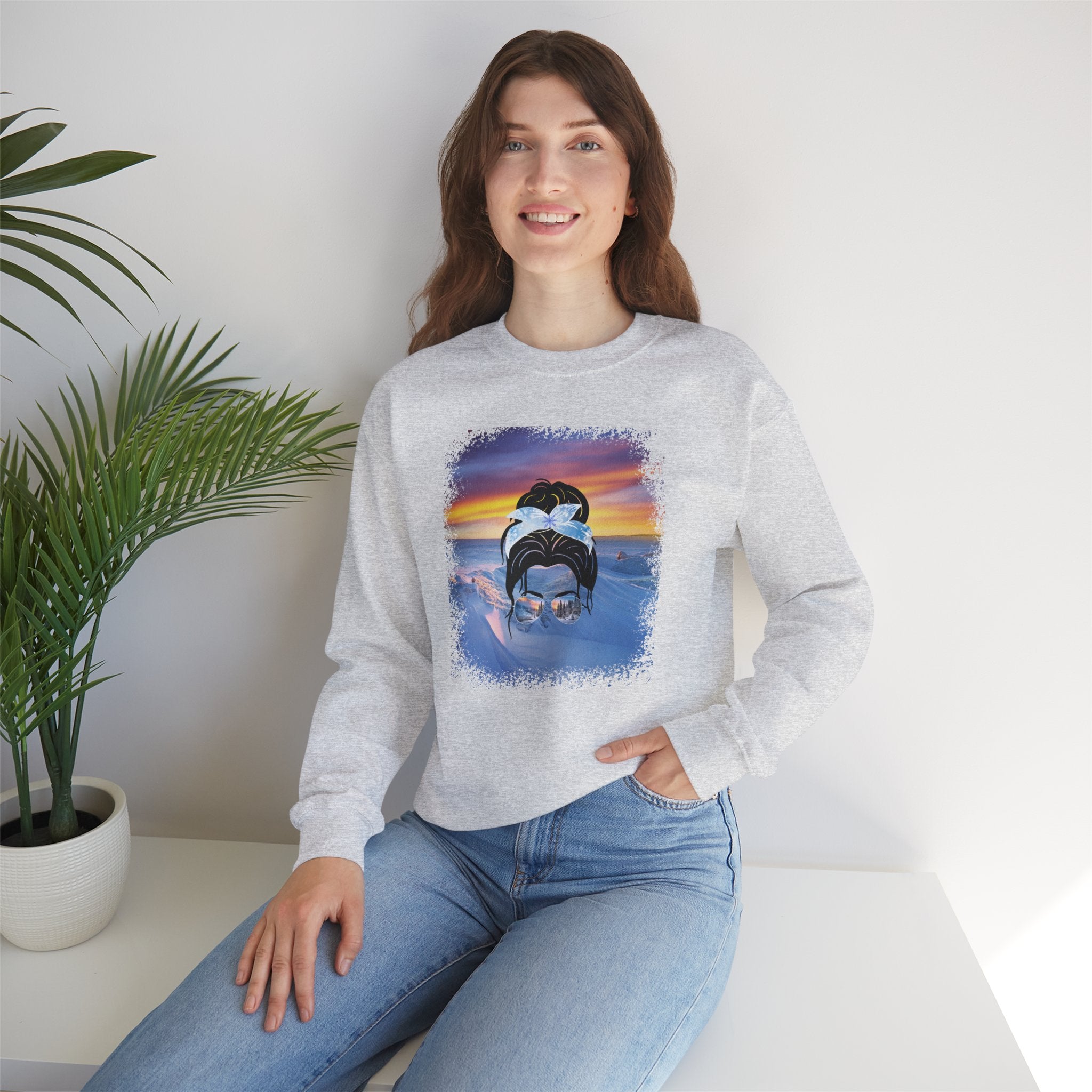 Winter Mountain, Dark Hair Messy Bun, Unisex Heavy Blend™ Crewneck Sweatshirt