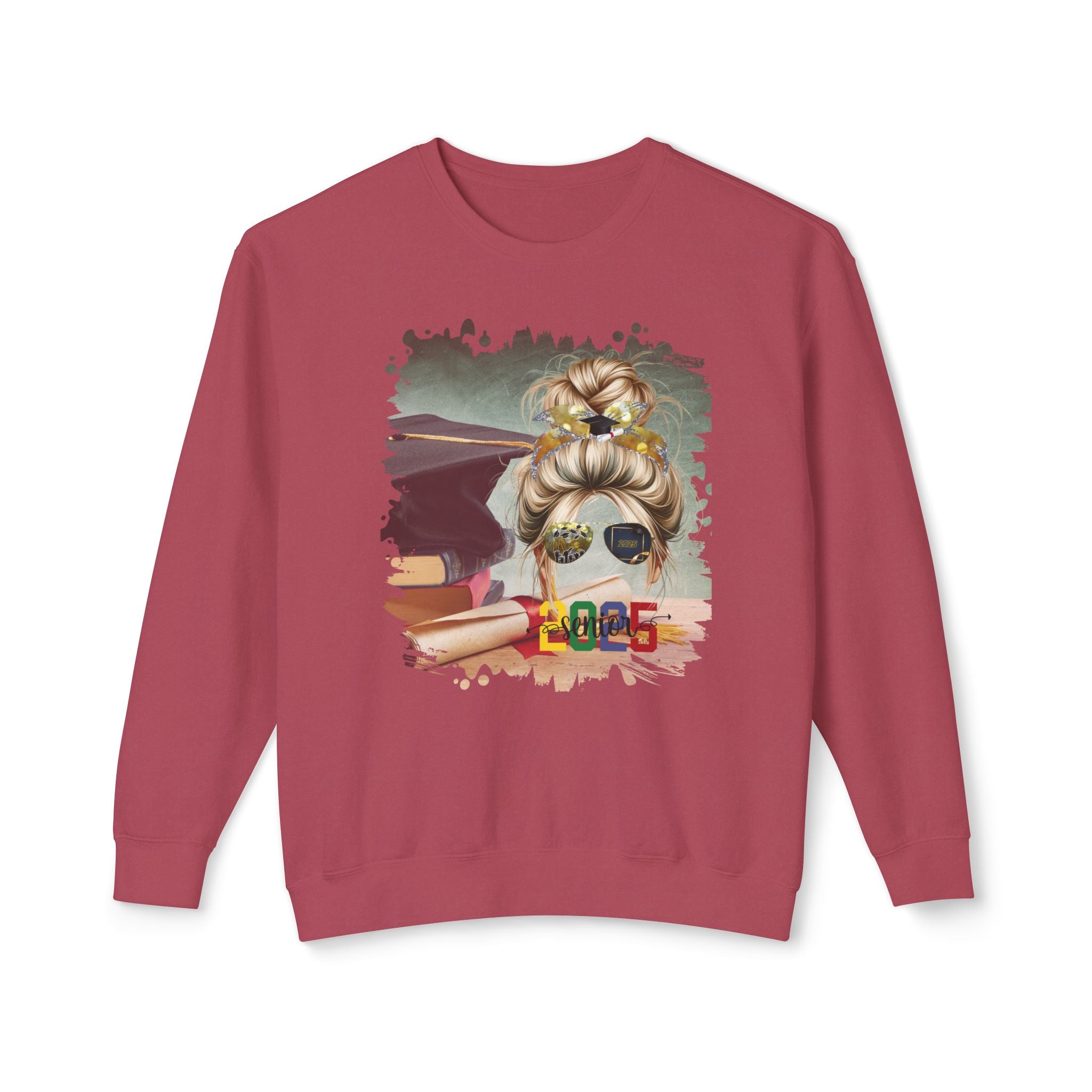 Senior 2025 Colorful, Cap & Degree/Diploma, Blond Hair Messy Bun, Unisex Lightweight Crewneck Sweatshirt
