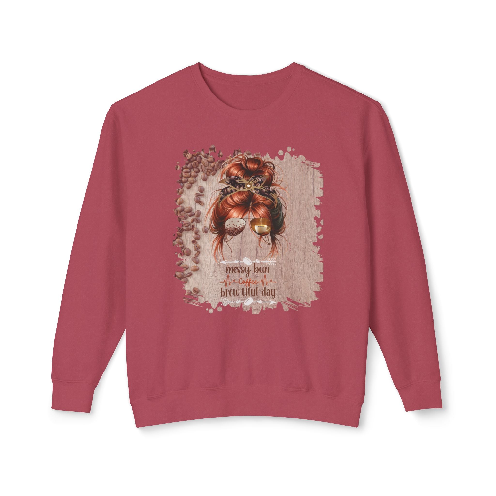 Coffee Heartbeat, Coffee Beans Table, Red Hair Messy Bun, Unisex Lightweight Crewneck Sweatshirt