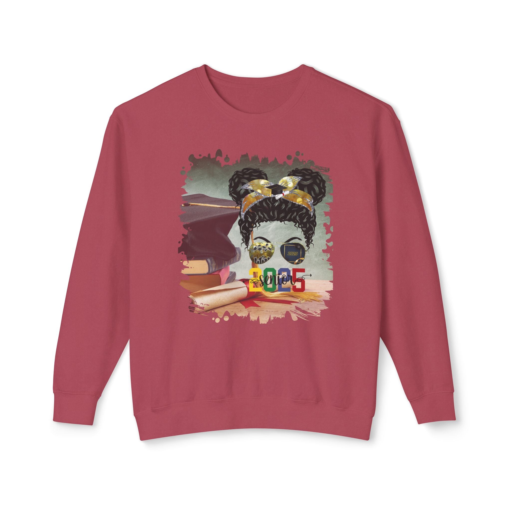 Senior 2025 Colorful, Cap & Degree/Diploma, Black Hair Messy Bun, Unisex Lightweight Crewneck Sweatshirt