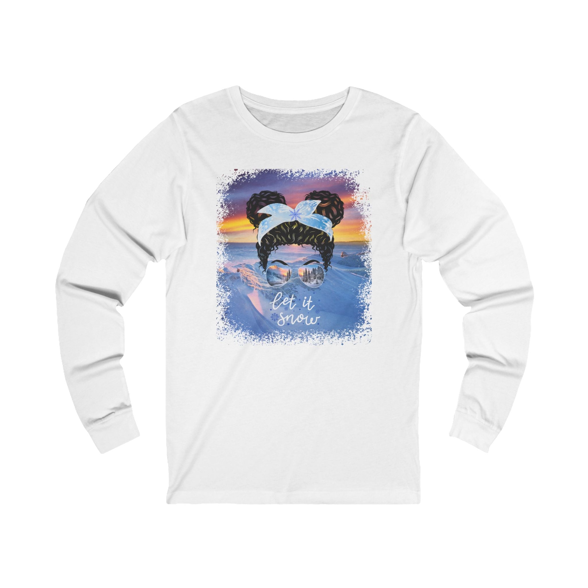 Let it Snow Winter Mountain, Black Hair Messy Bun, Unisex Jersey Long Sleeve Tee