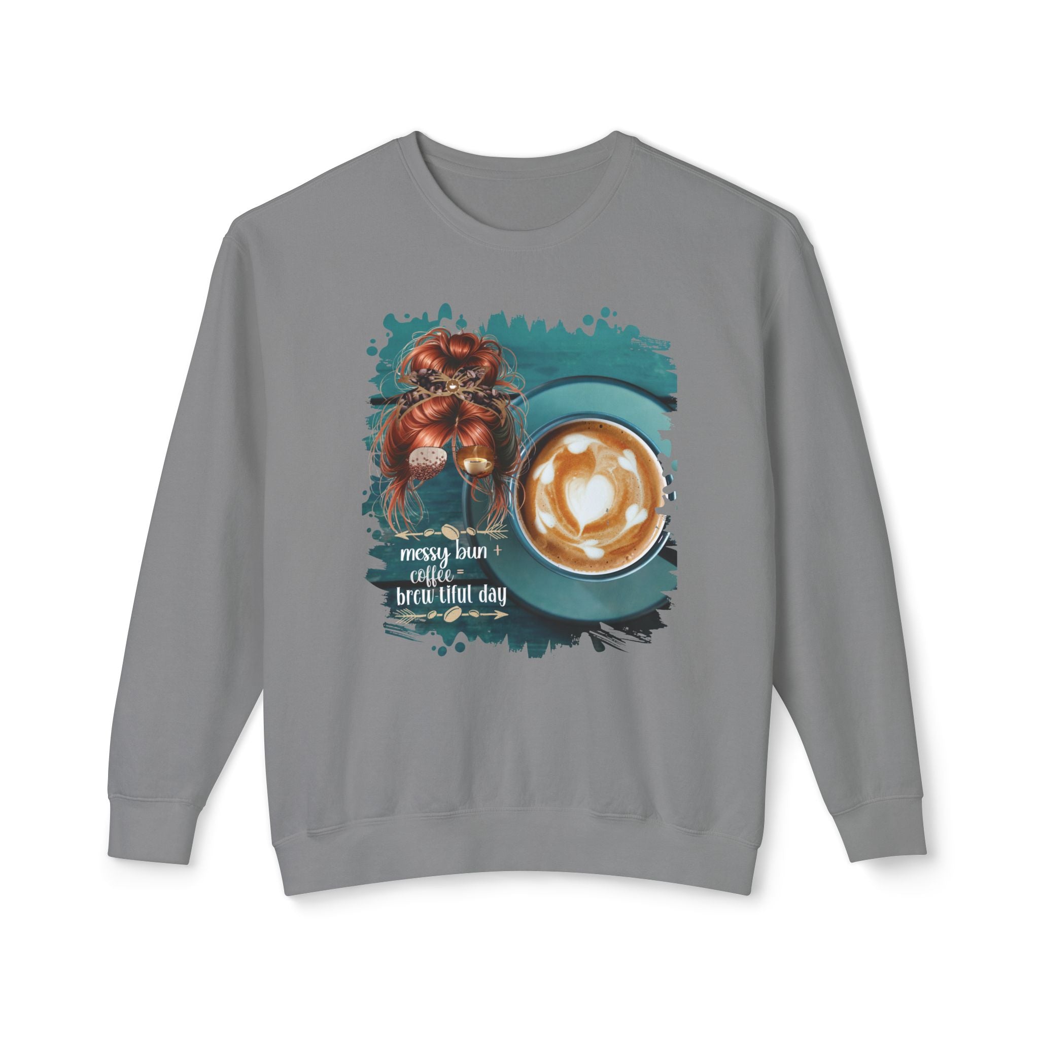 Messy Bun plus Coffee, Coffee Cup, Red Hair Messy Bun, Unisex Lightweight Crewneck Sweatshirt