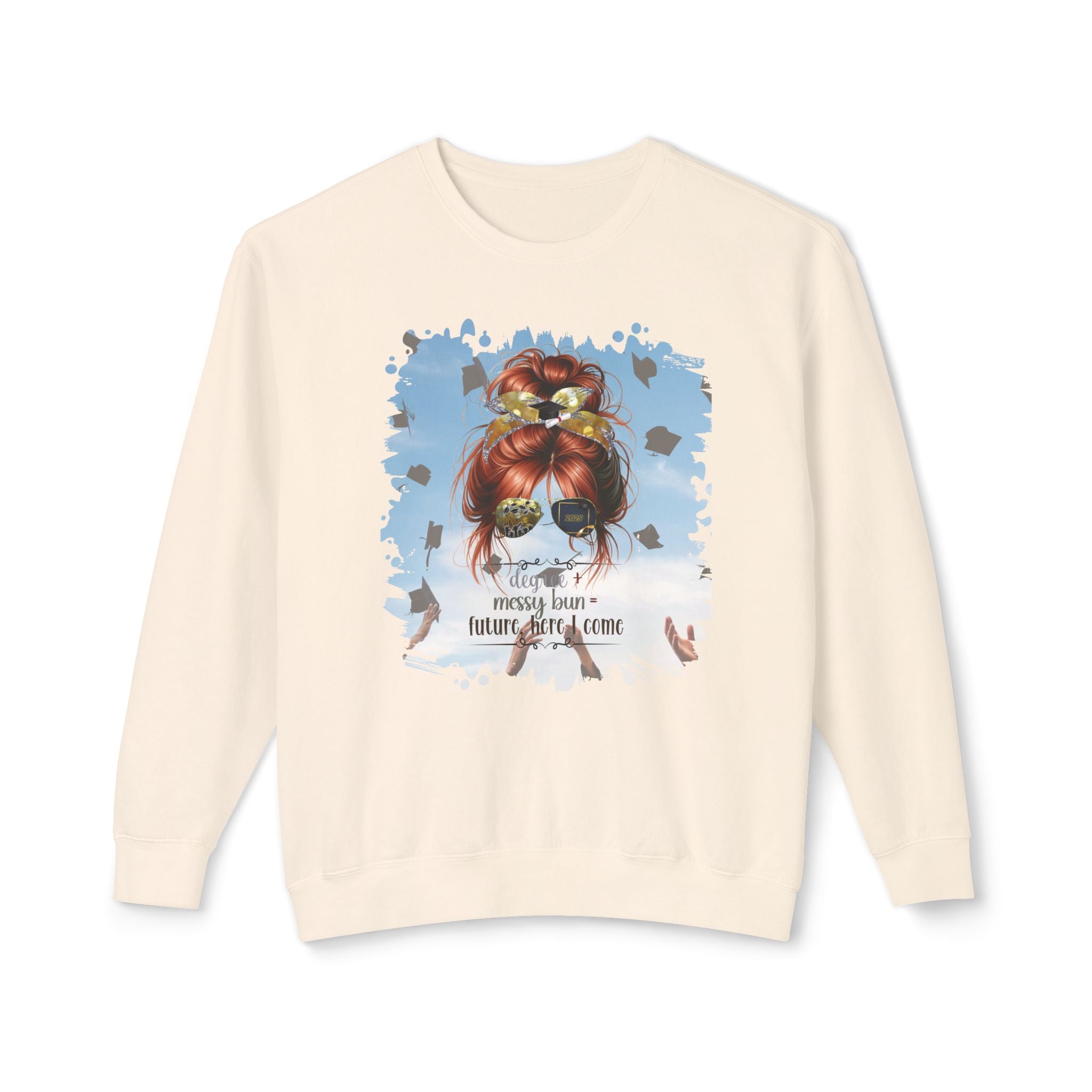 Degree + Messy Bun, Celebration, Red Hair Messy Bun, Unisex Lightweight Crewneck Sweatshirt