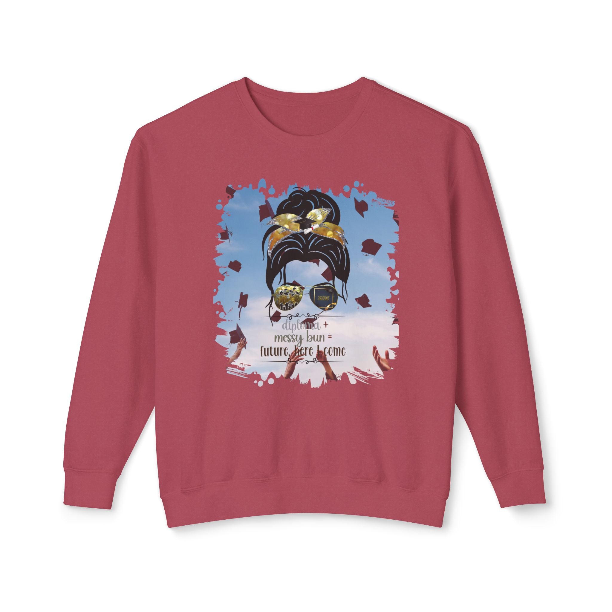 Diploma + Messy Bun, Celebration, Dark Hair Messy Bun, Unisex Lightweight Crewneck Sweatshirt
