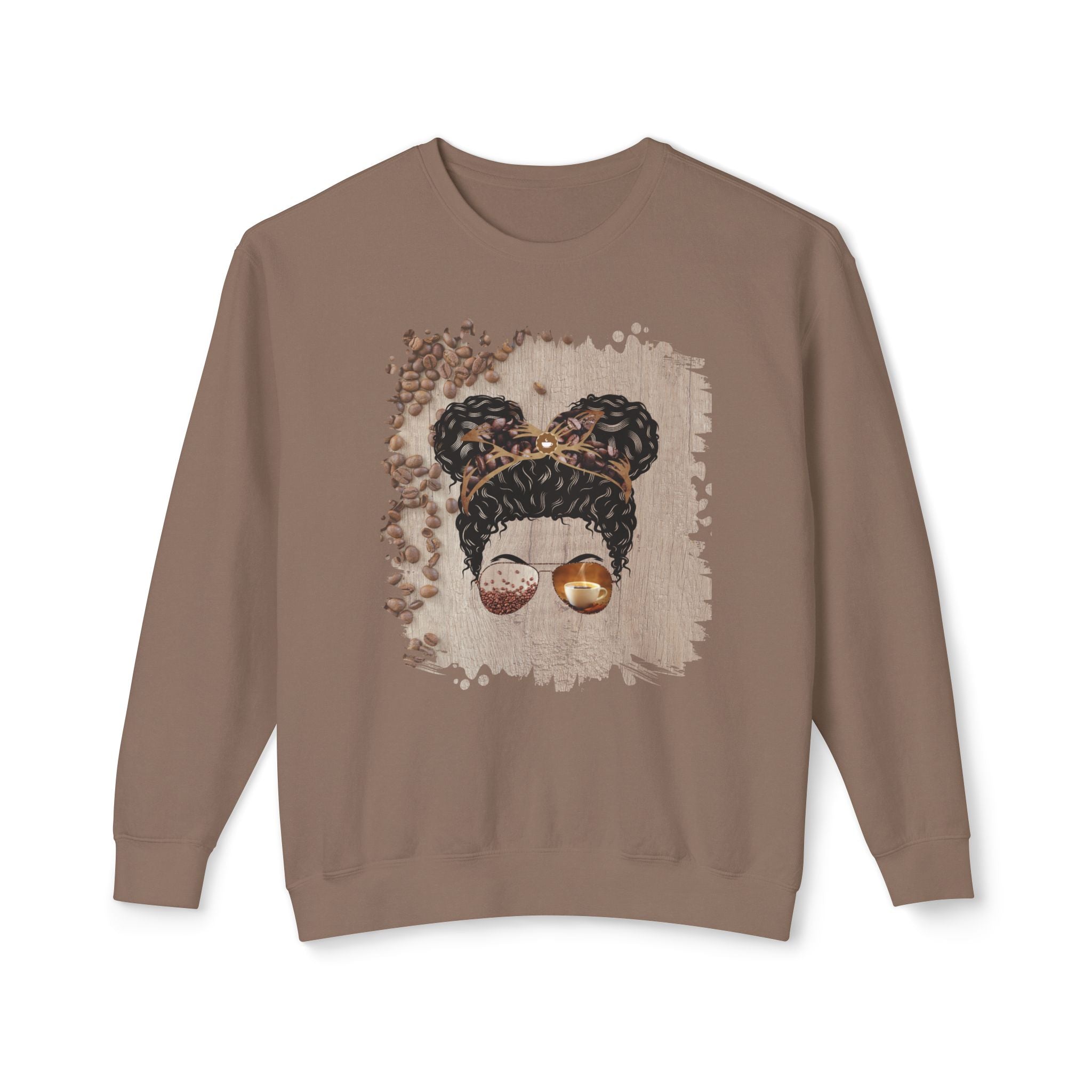 Coffee Beans Table, Black Hair Messy Bun, Unisex Lightweight Crewneck Sweatshirt