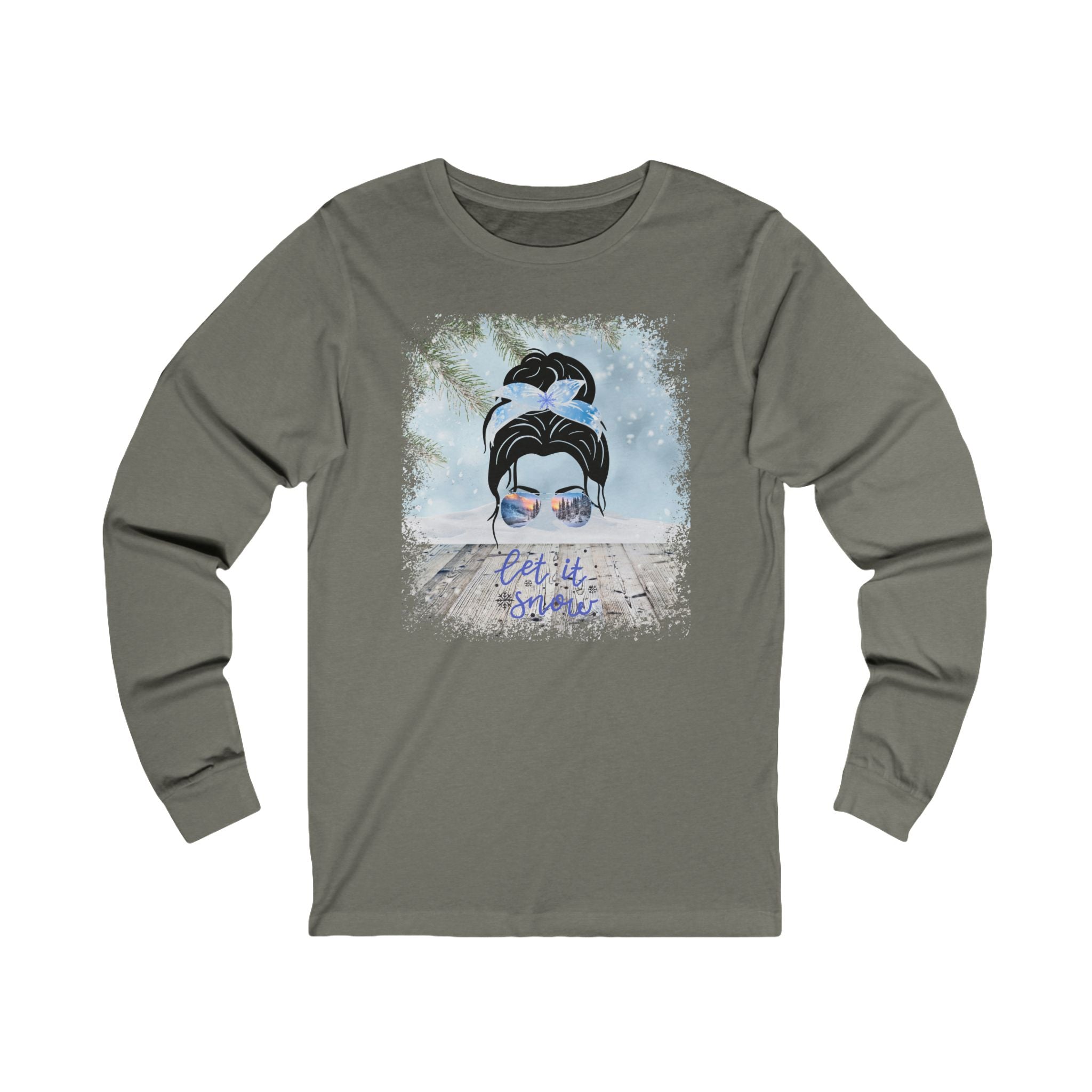 Let it Snow Winter Snowy Porch, Dark Hair Messy Bun, Unisex Jersey Long Sleeve Tee