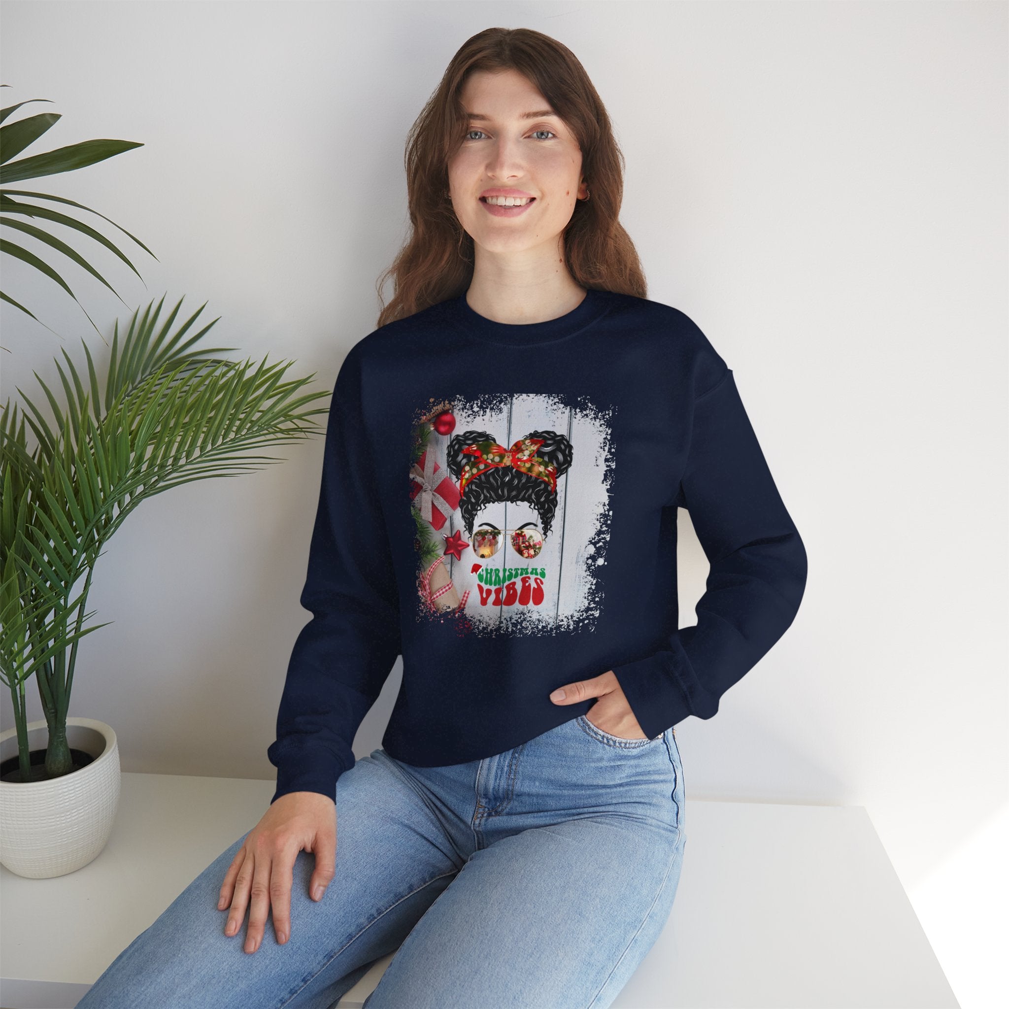 Christmas Vibes Christmas Presents, Black Hair Messy Bun, Unisex Heavy Blend™ Crewneck Sweatshirt