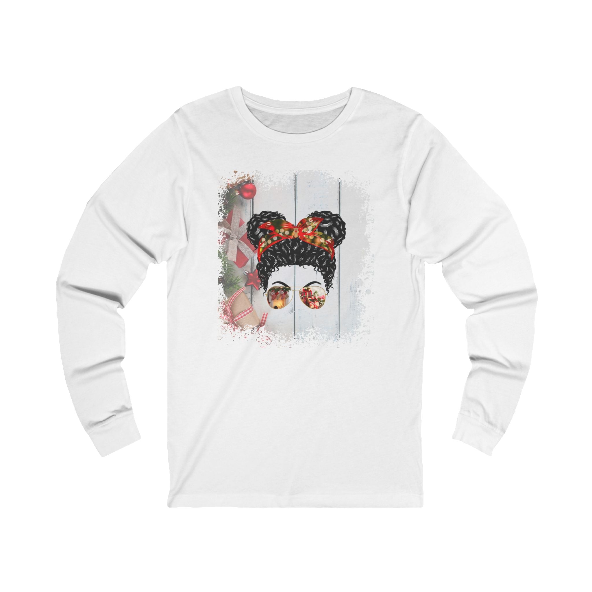 Christmas Presents, Black Hair Messy Bun, Unisex Jersey Long Sleeve Tee