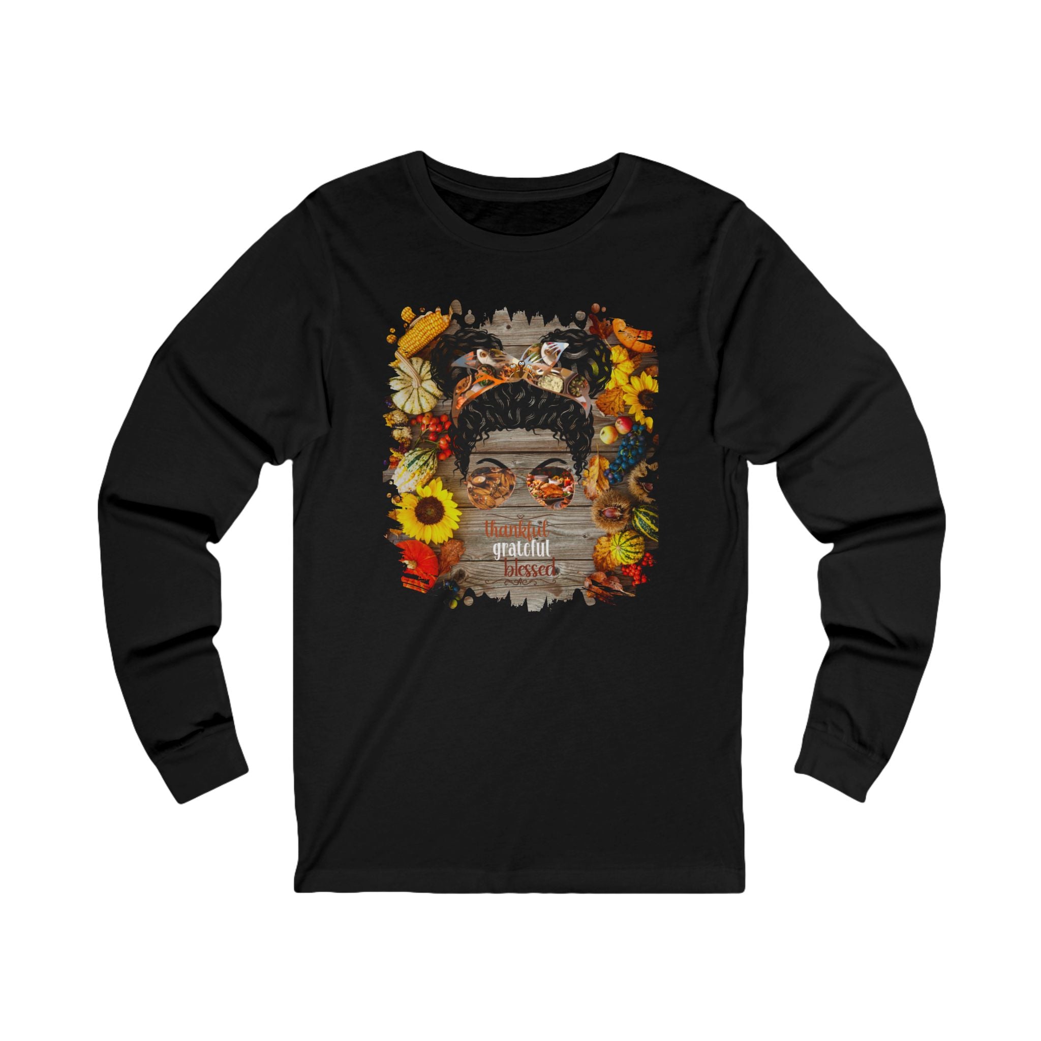 Thankful Grateful Blessed Decorated Background, Black Hair Messy Bun, Unisex Jersey Long Sleeve Tee