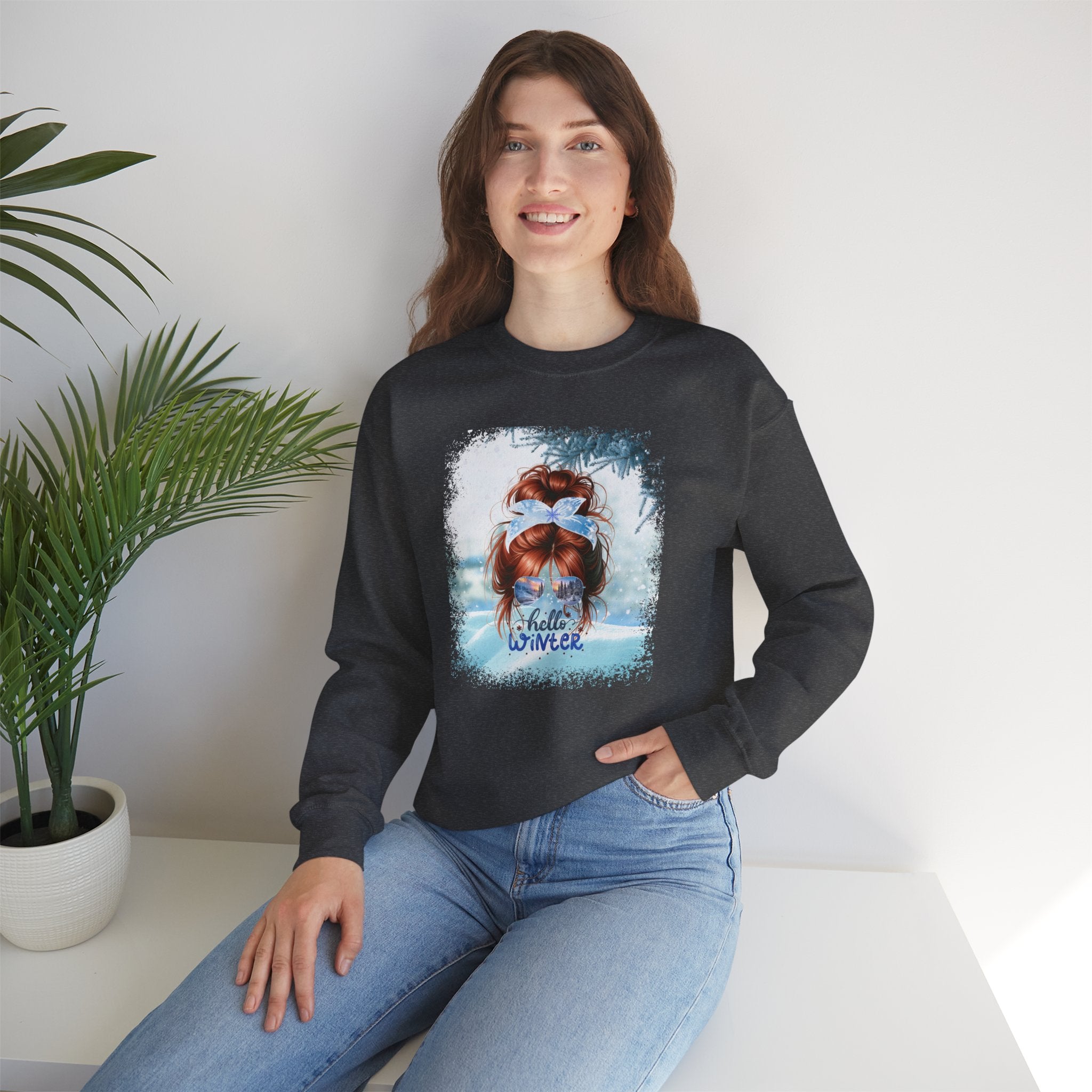 Hello Winter Snow, Red Hair Messy Bun, Unisex Heavy Blend™ Crewneck Sweatshirt