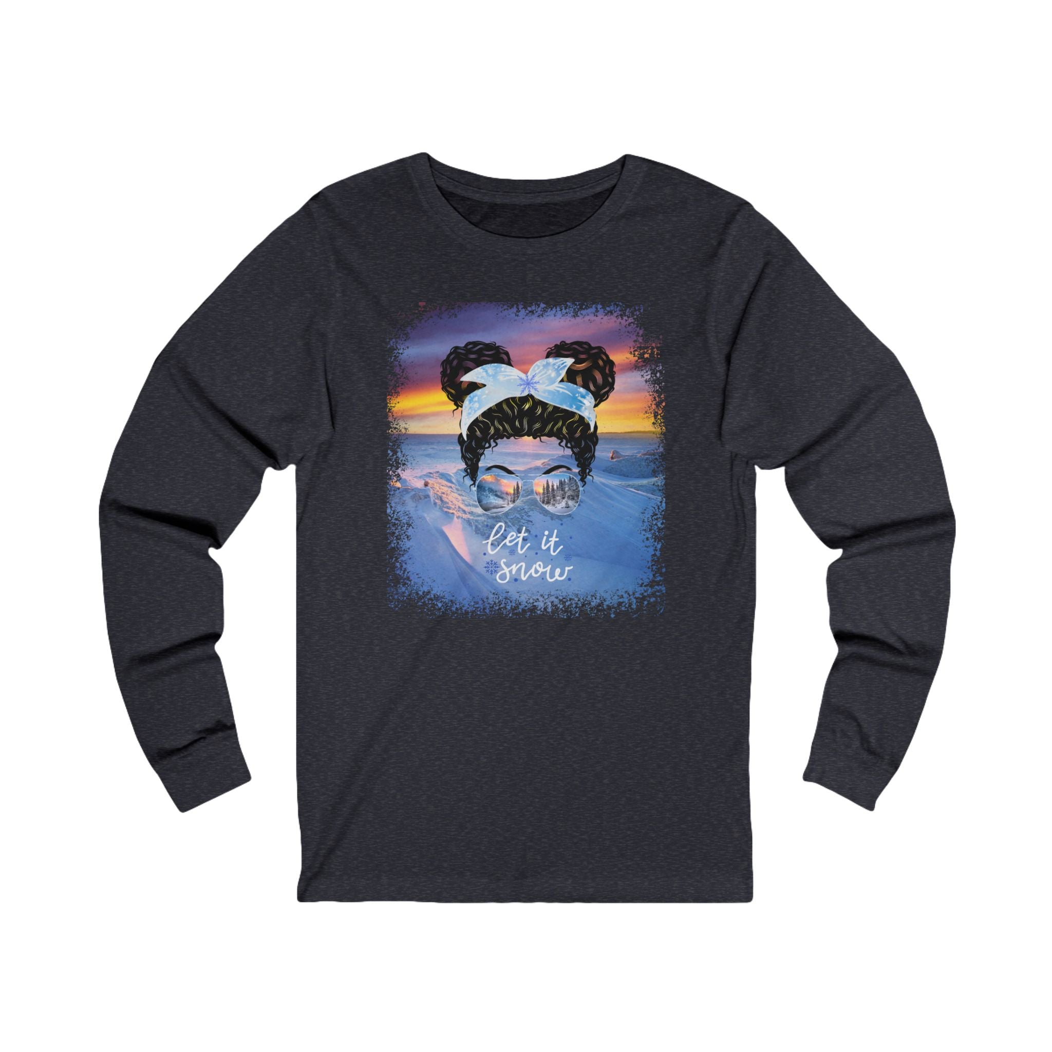 Let it Snow Winter Mountain, Black Hair Messy Bun, Unisex Jersey Long Sleeve Tee