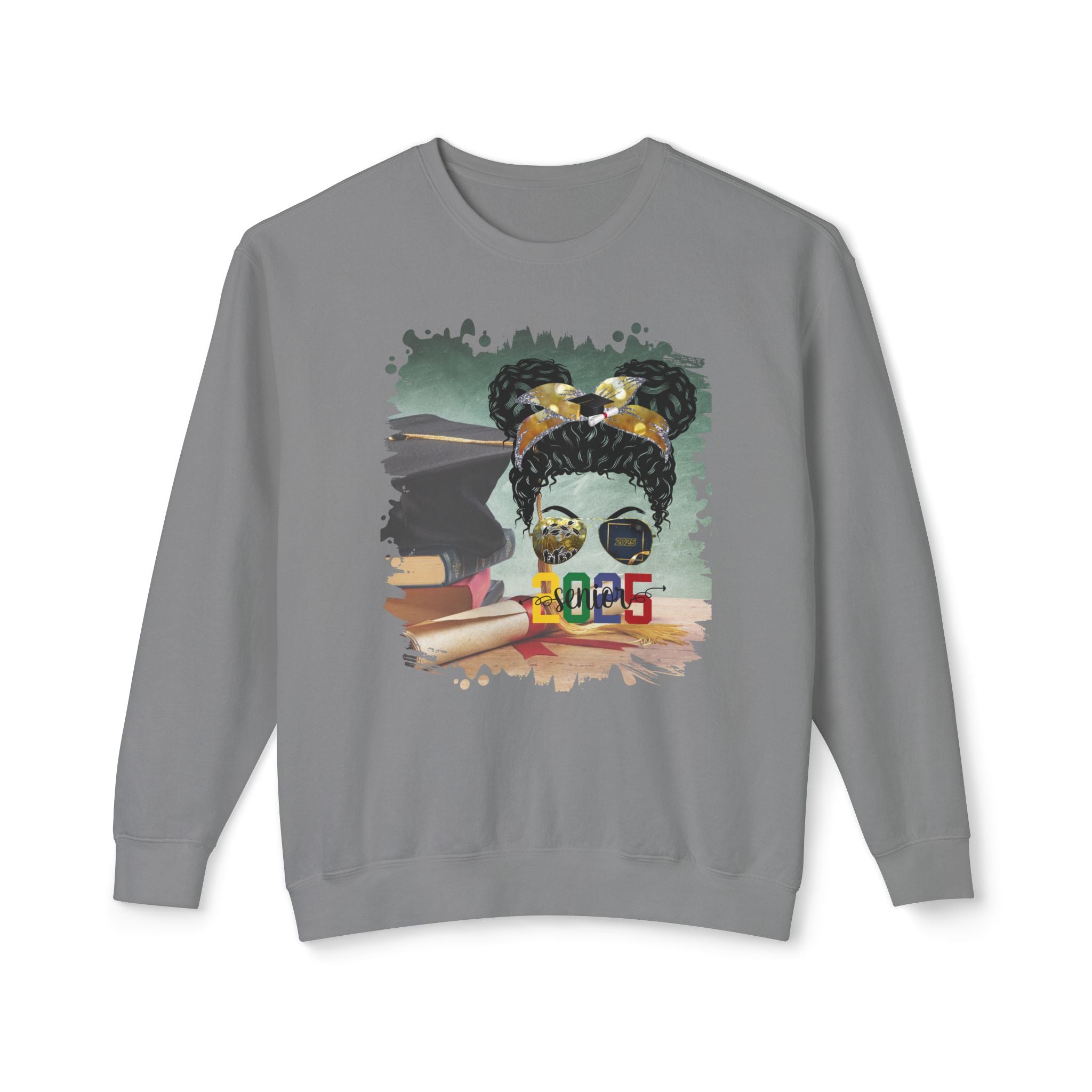Senior 2025 Colorful, Cap & Degree/Diploma, Black Hair Messy Bun, Unisex Lightweight Crewneck Sweatshirt