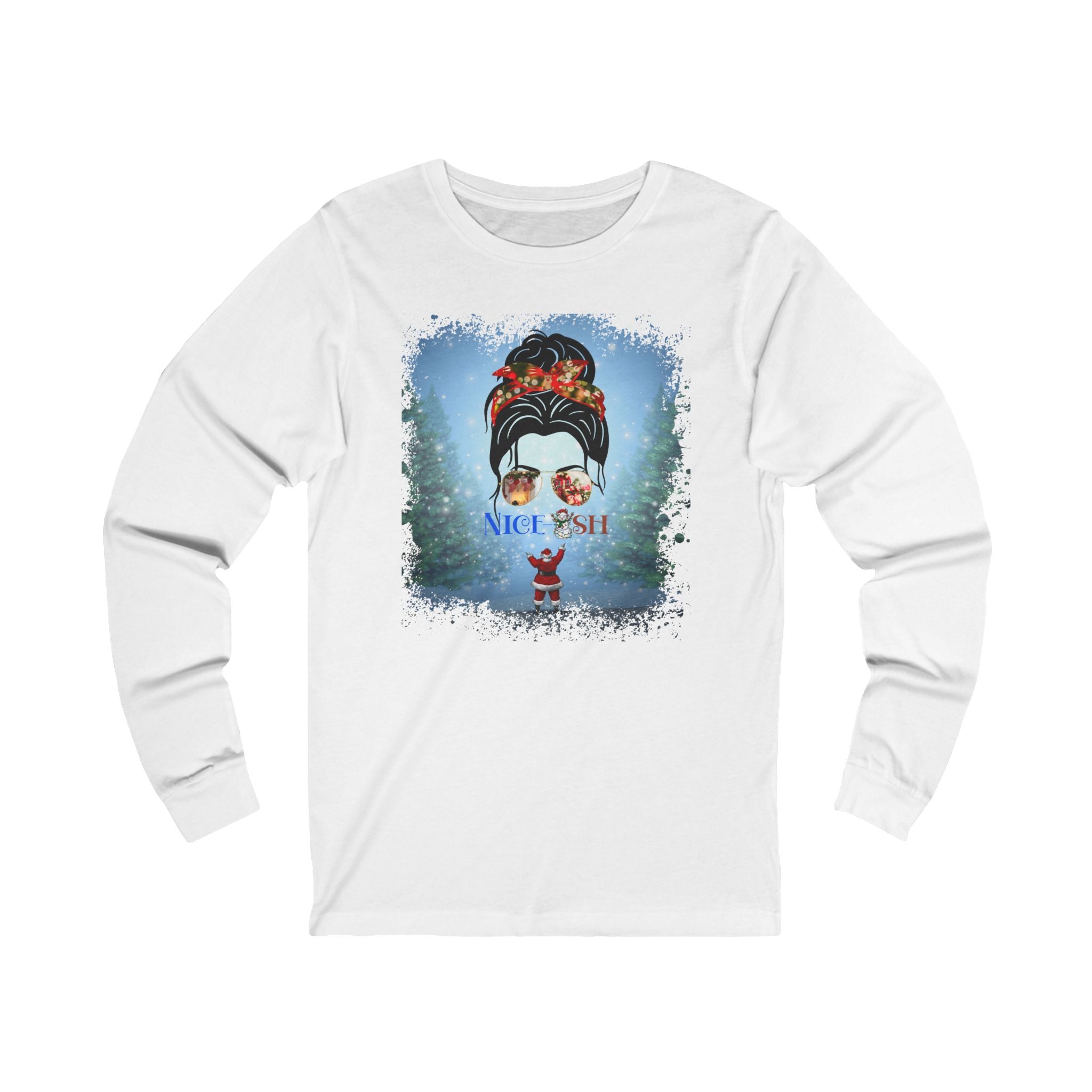 Nice-ish Santa, Dark Hair Messy Bun, Unisex Jersey Long Sleeve Tee