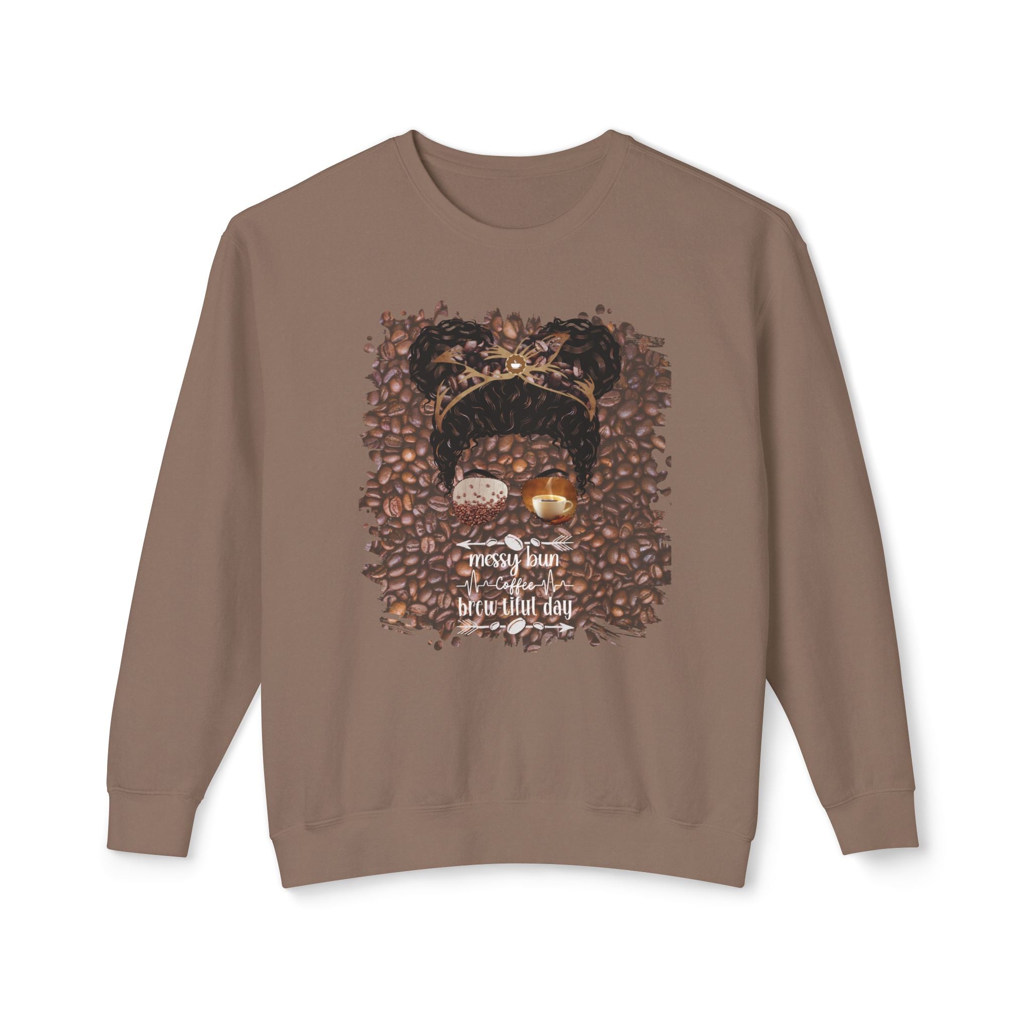 Coffee Heartbeat, Coffee Beans, Black Hair Messy Bun, Unisex Lightweight Crewneck Sweatshirt