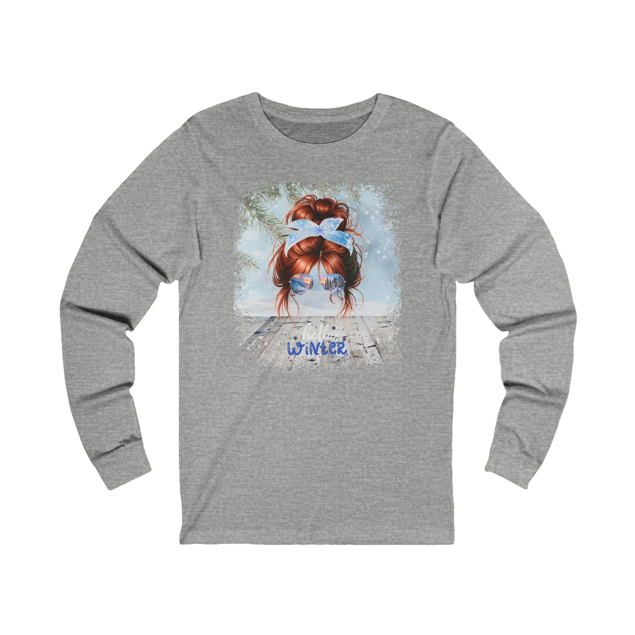 Hello Winter, Winter Snowy Porch, Red Hair Messy Bun, Unisex Jersey Long Sleeve Tee