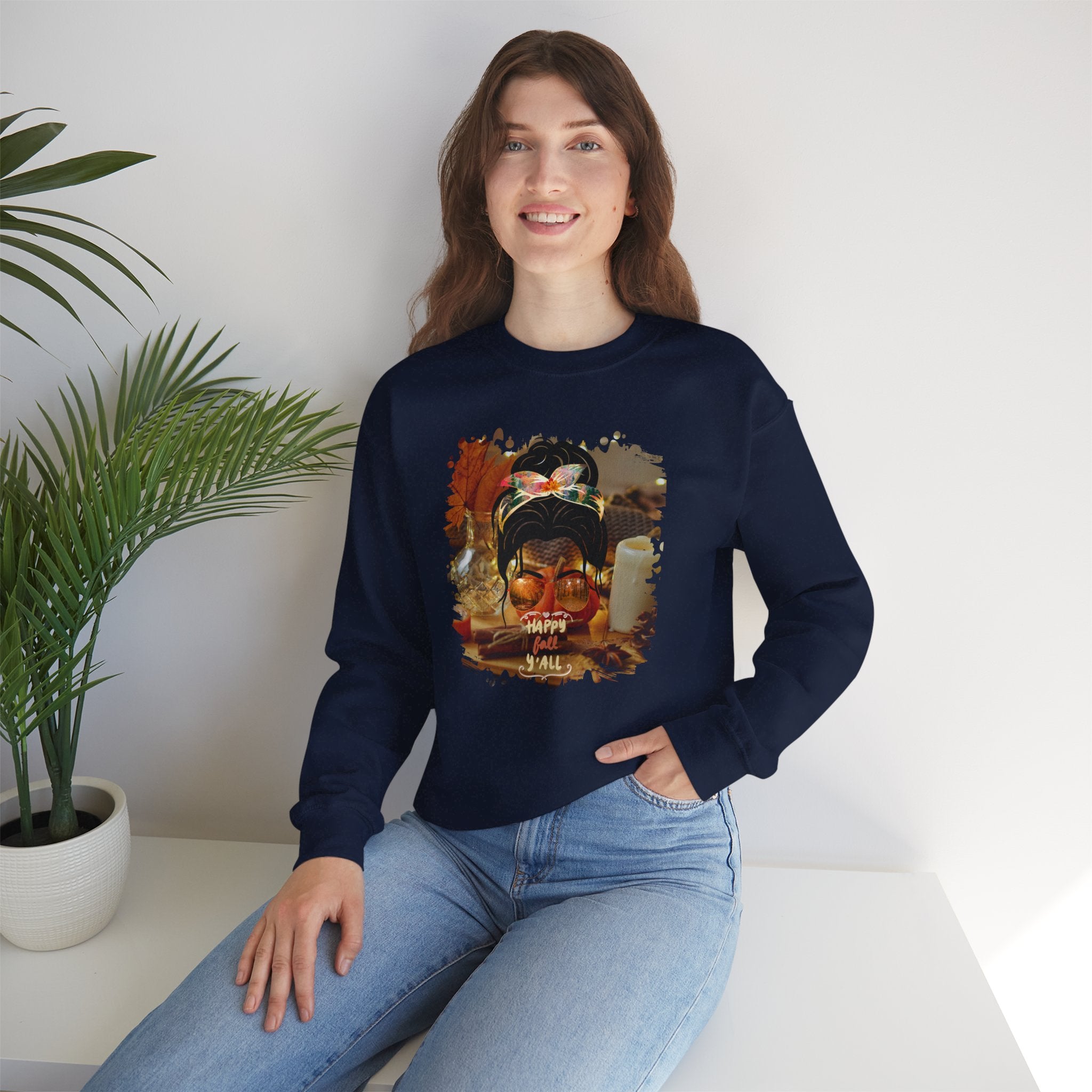 Happy Fall Y'all Fall Home, Dark Hair Messy Bun, Unisex Heavy Blend™ Crewneck Sweatshirt