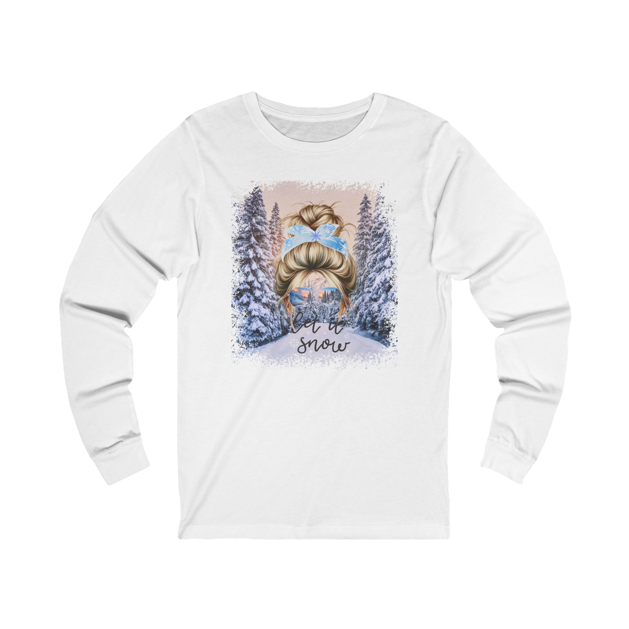 Let it Snow Winter Trail, Blond Hair Messy Bun, Unisex Jersey Long Sleeve Tee