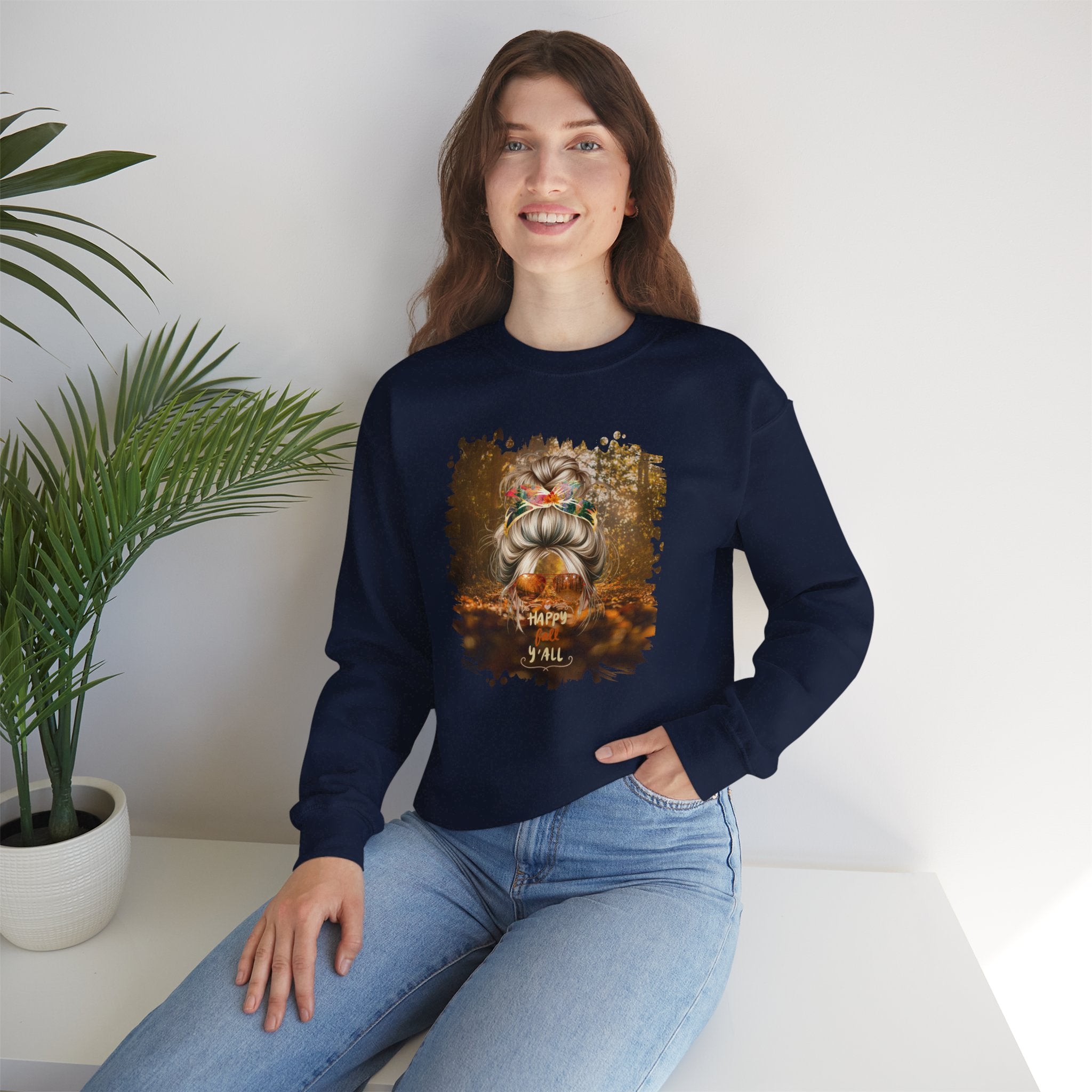 Happy Fall Y'all Fall Forest, Blond Hair Messy Bun, Unisex Heavy Blend™ Crewneck Sweatshirt