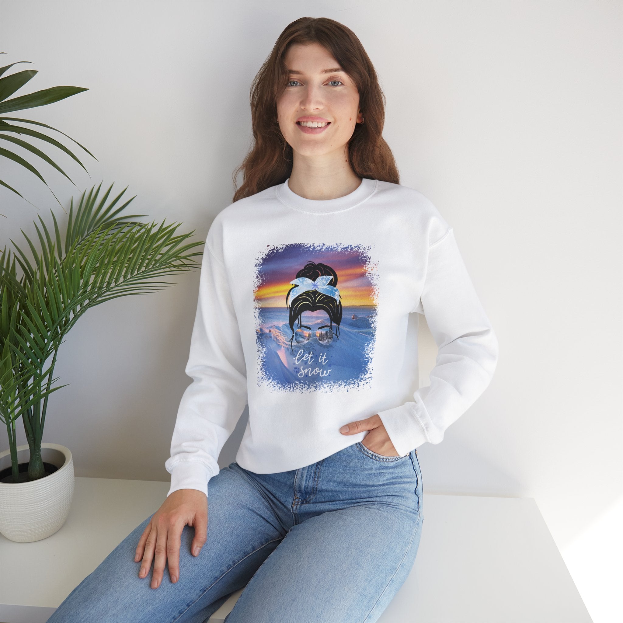 Let it Snow Winter Mountain, Dark Hair Messy Bun, Unisex Heavy Blend™ Crewneck Sweatshirt