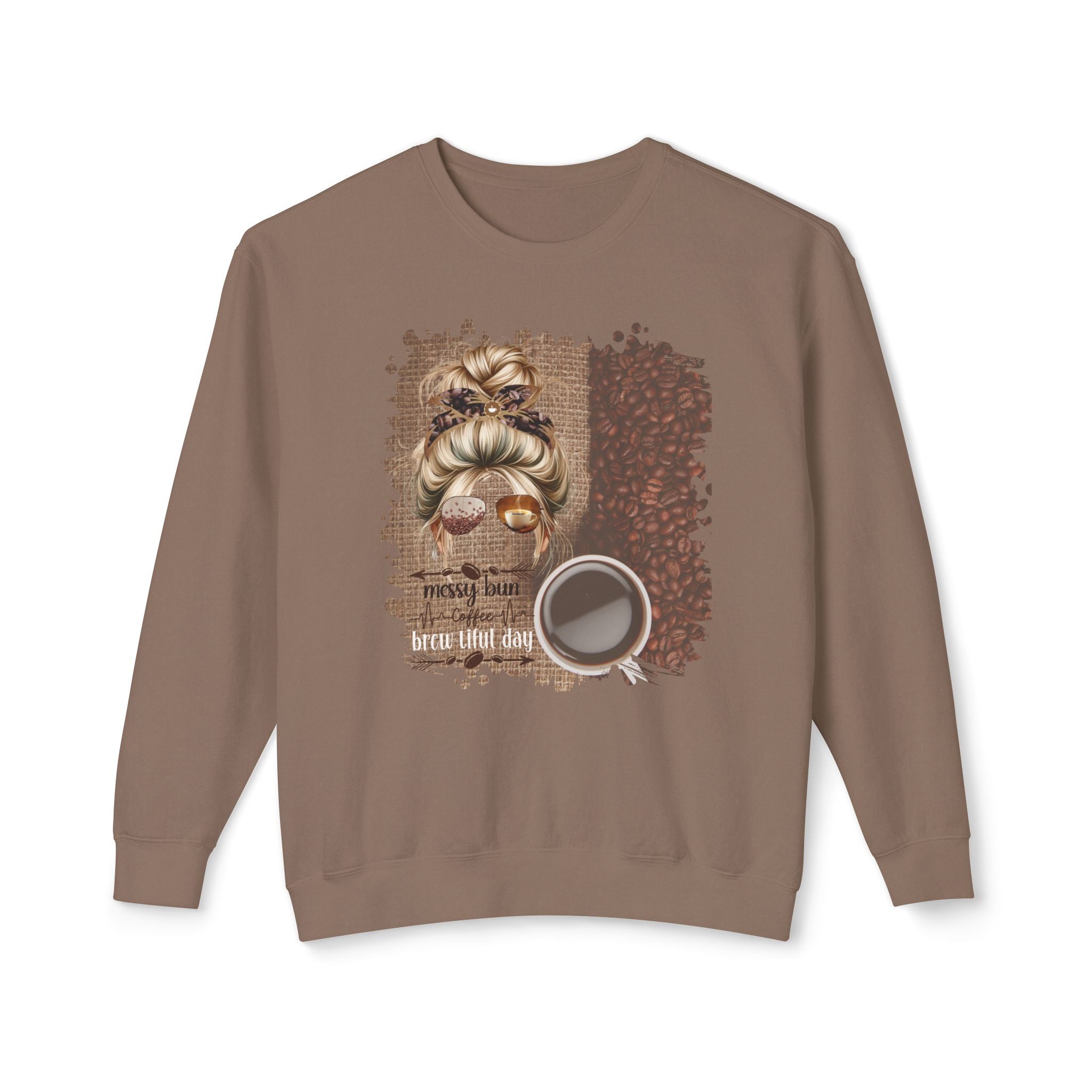 Coffee Heartbeat, Coffee Beans Bag, Blond Hair Messy Bun, Unisex Lightweight Crewneck Sweatshirt