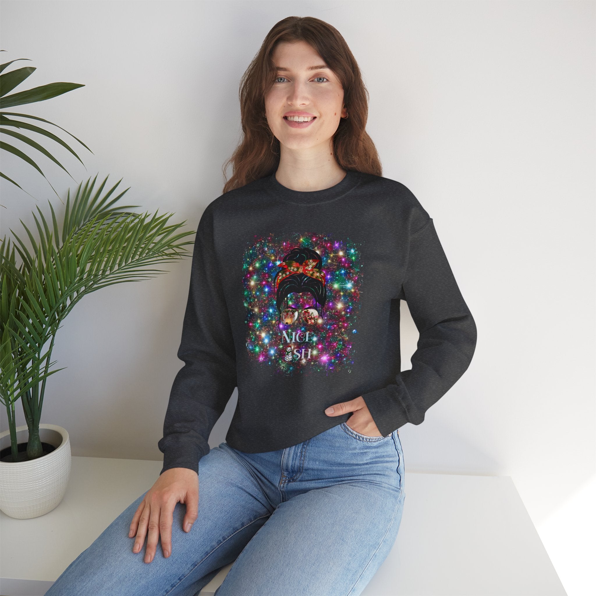 Nice-ish Christmas Lights, Dark Hair Messy Bun, Unisex Heavy Blend™ Crewneck Sweatshirt